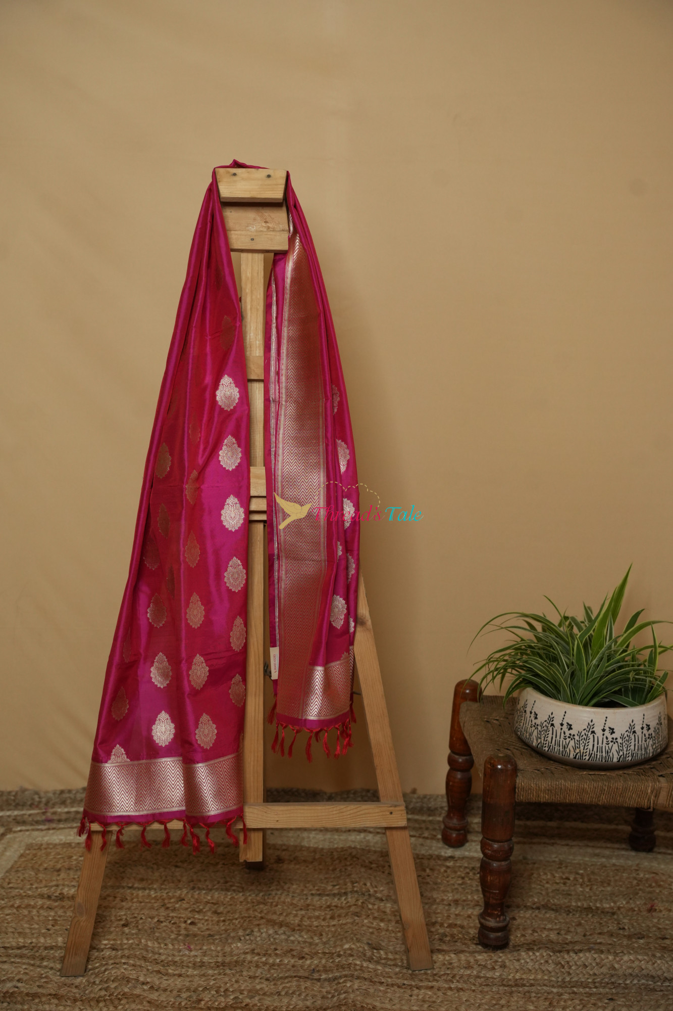 Bright Pink Handwoven Pure Silk Stole With Zari Border And Motifs