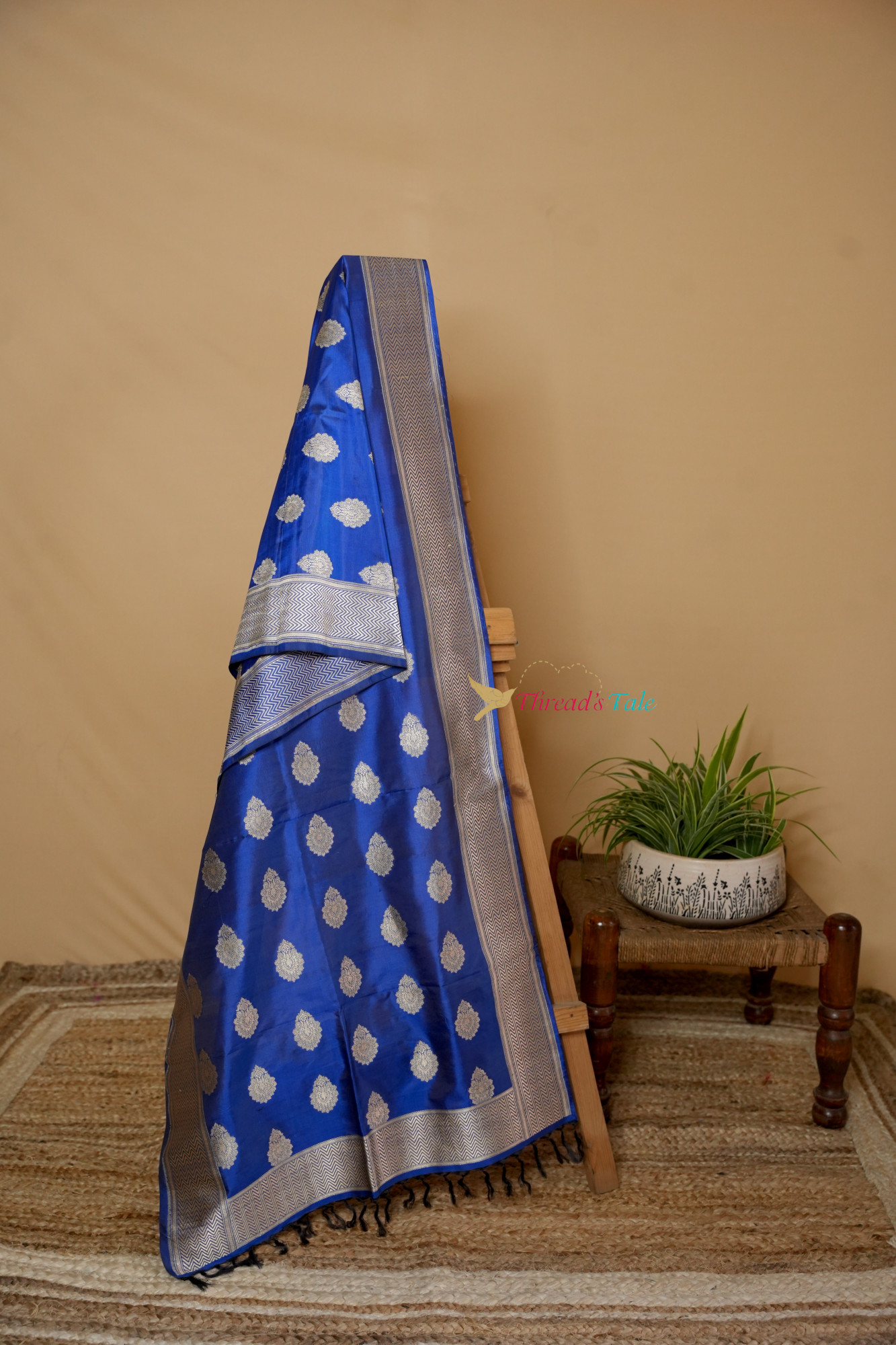 Electric Blue Handwoven Pure Silk Stole With Zari Motifs And Border