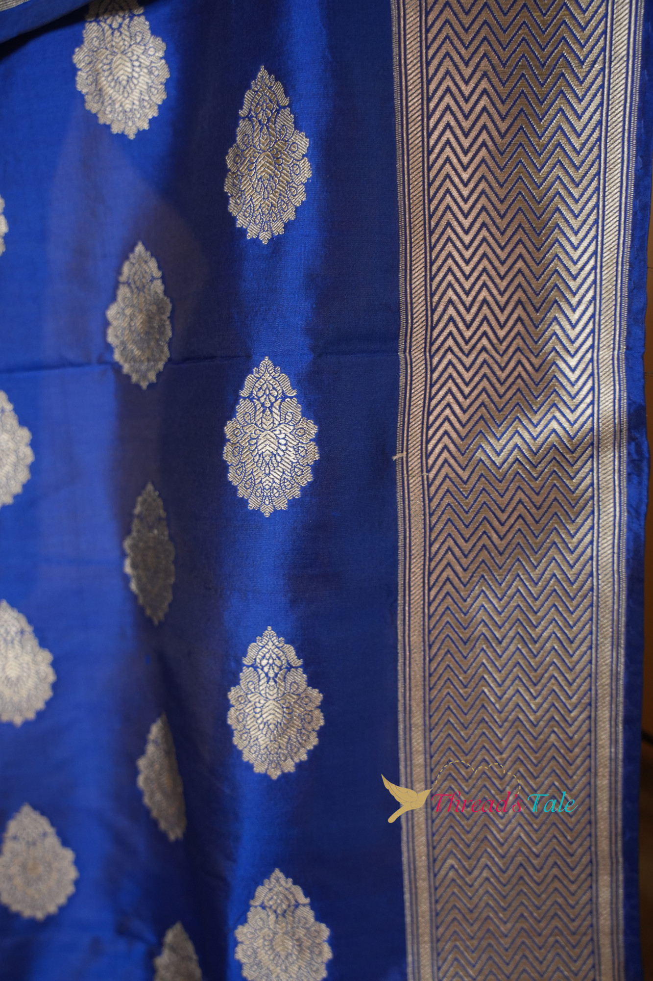 Electric Blue Handwoven Pure Silk Stole With Zari Motifs And Border