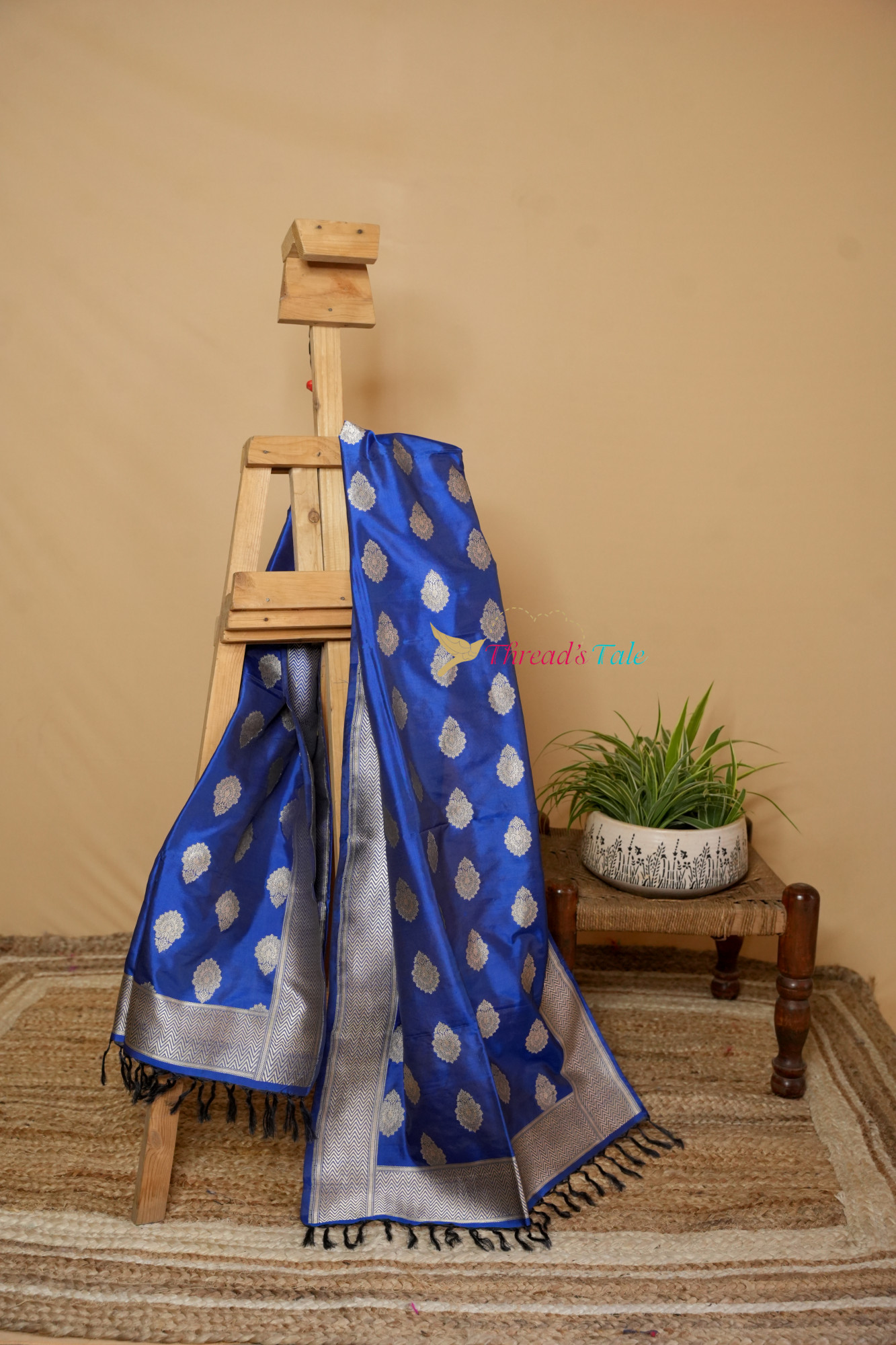 Electric Blue Handwoven Pure Silk Stole With Zari Motifs And Border