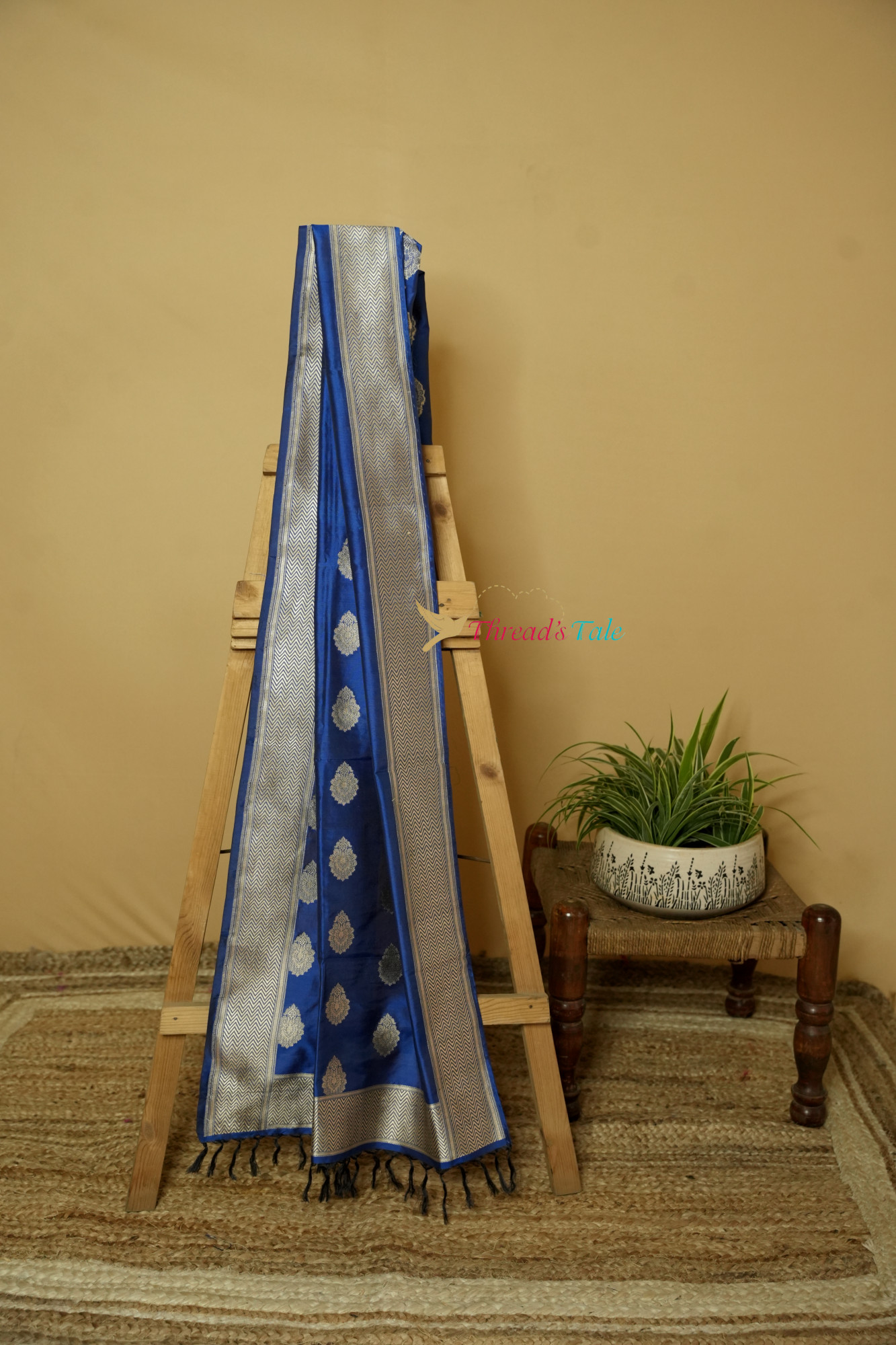 Electric Blue Handwoven Pure Silk Stole With Zari Motifs And Border
