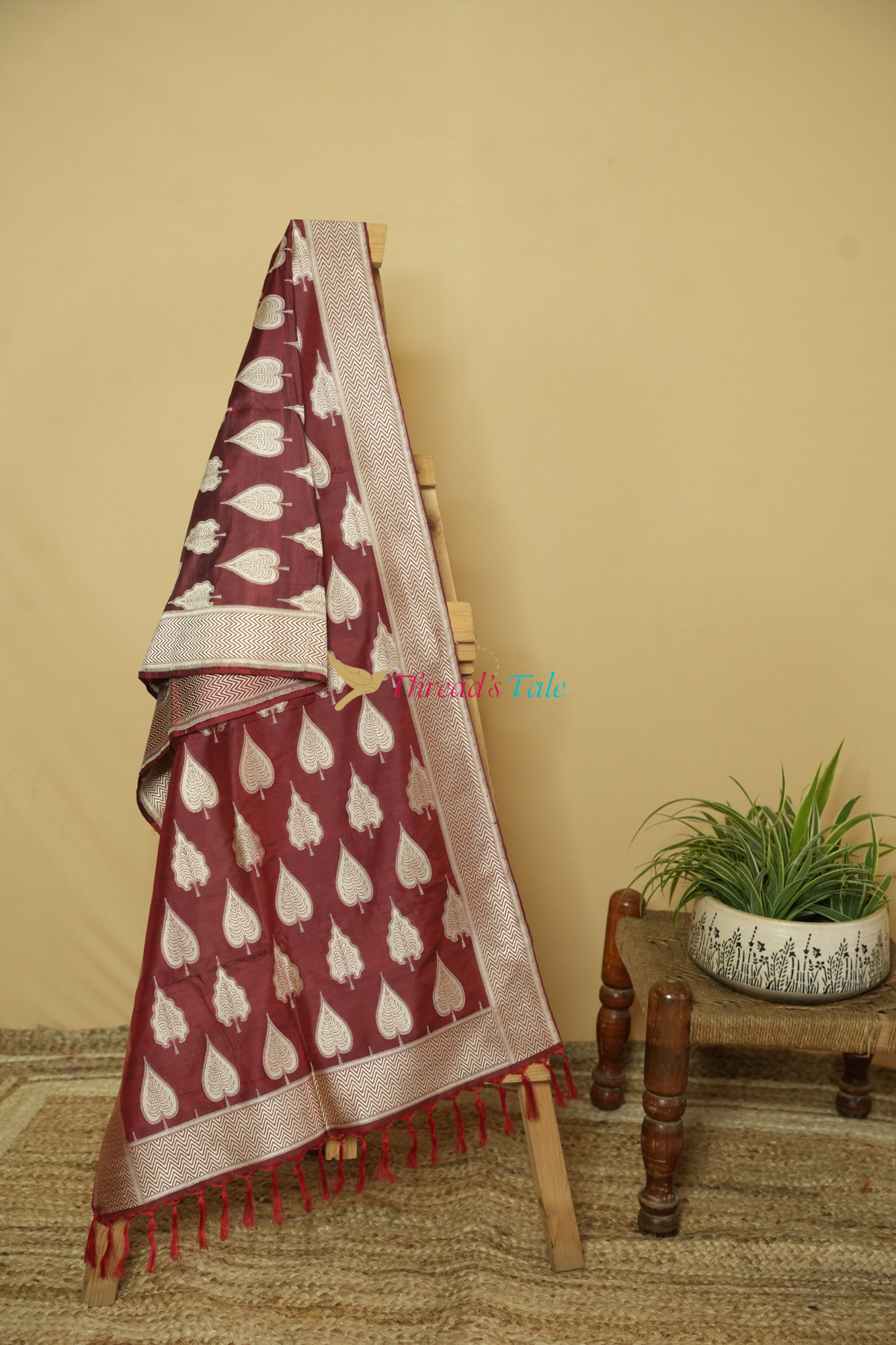 Deep Red Pure Silk Stoles With Zari Butis