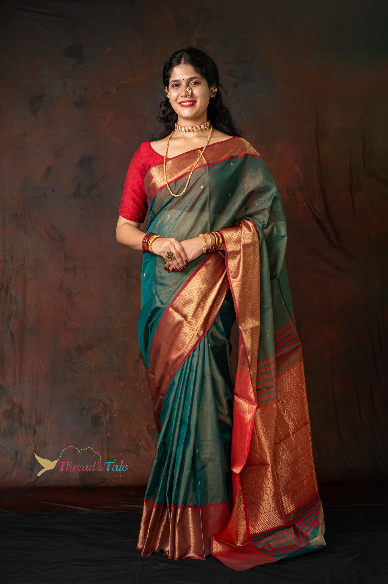Green Golden Tissue Saree With Red Border