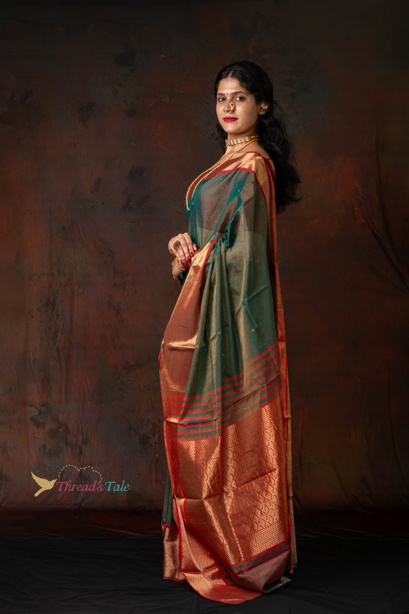 Green Golden Tissue Saree With Red Border