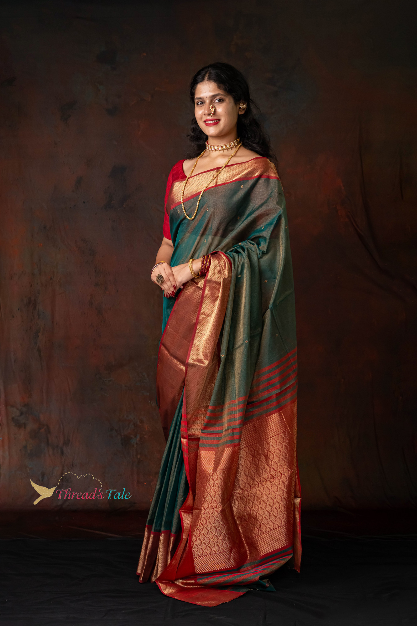 Green Golden Tissue Saree With Red Border