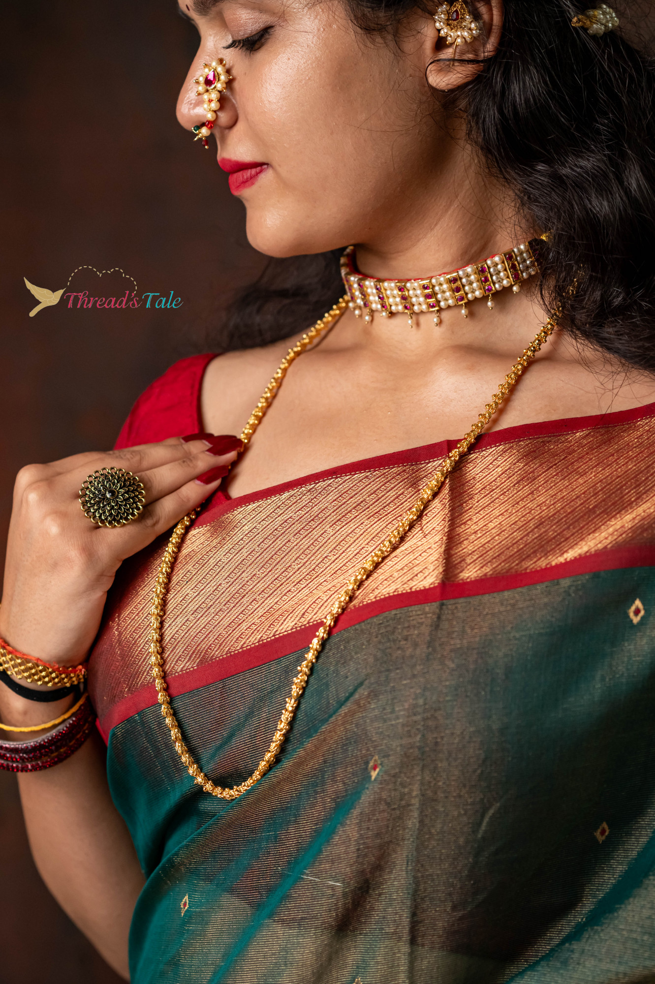 Green Golden Tissue Saree With Red Border