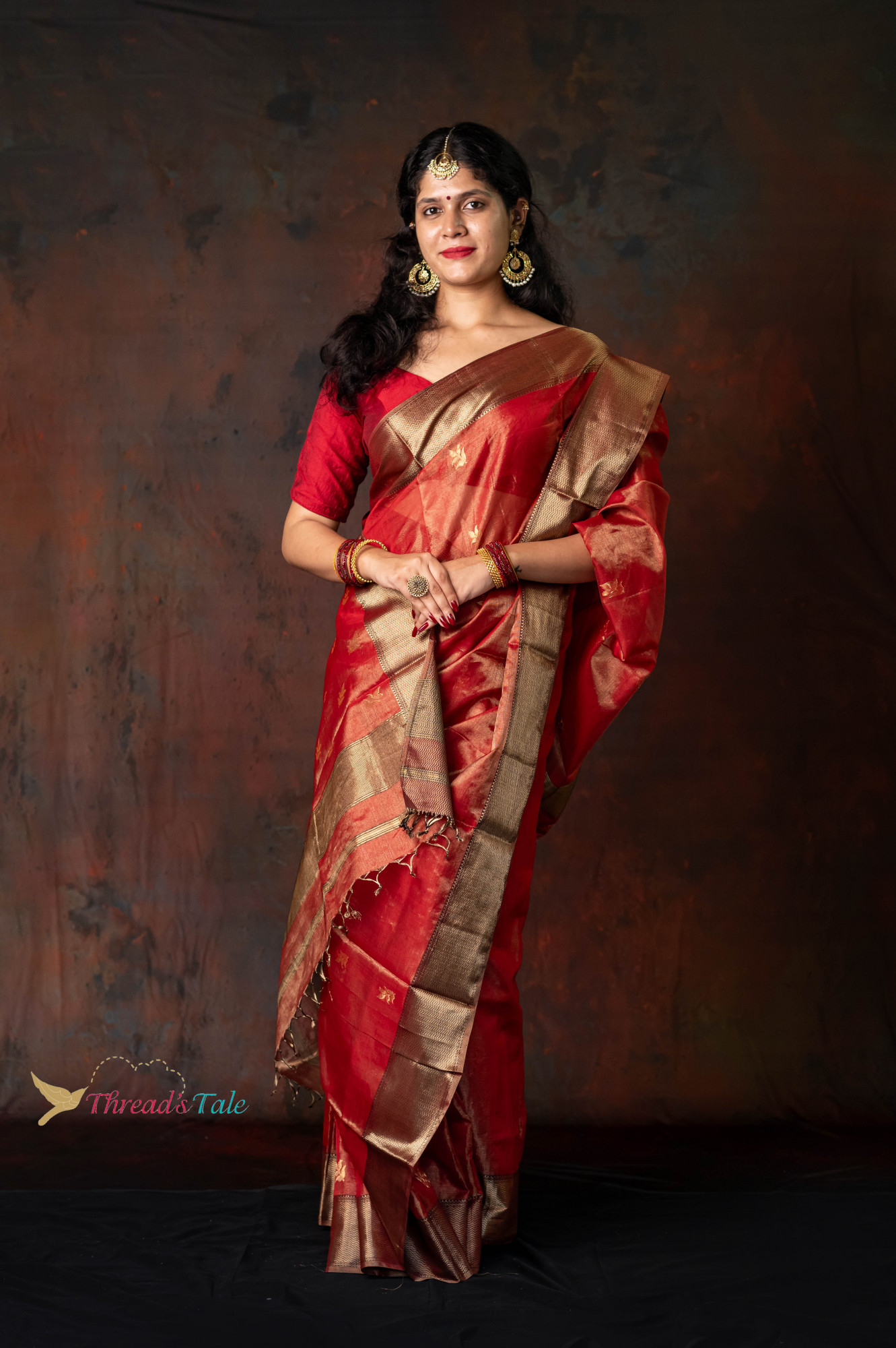 Red GoldenTissue Saree With Golden Border And Butties