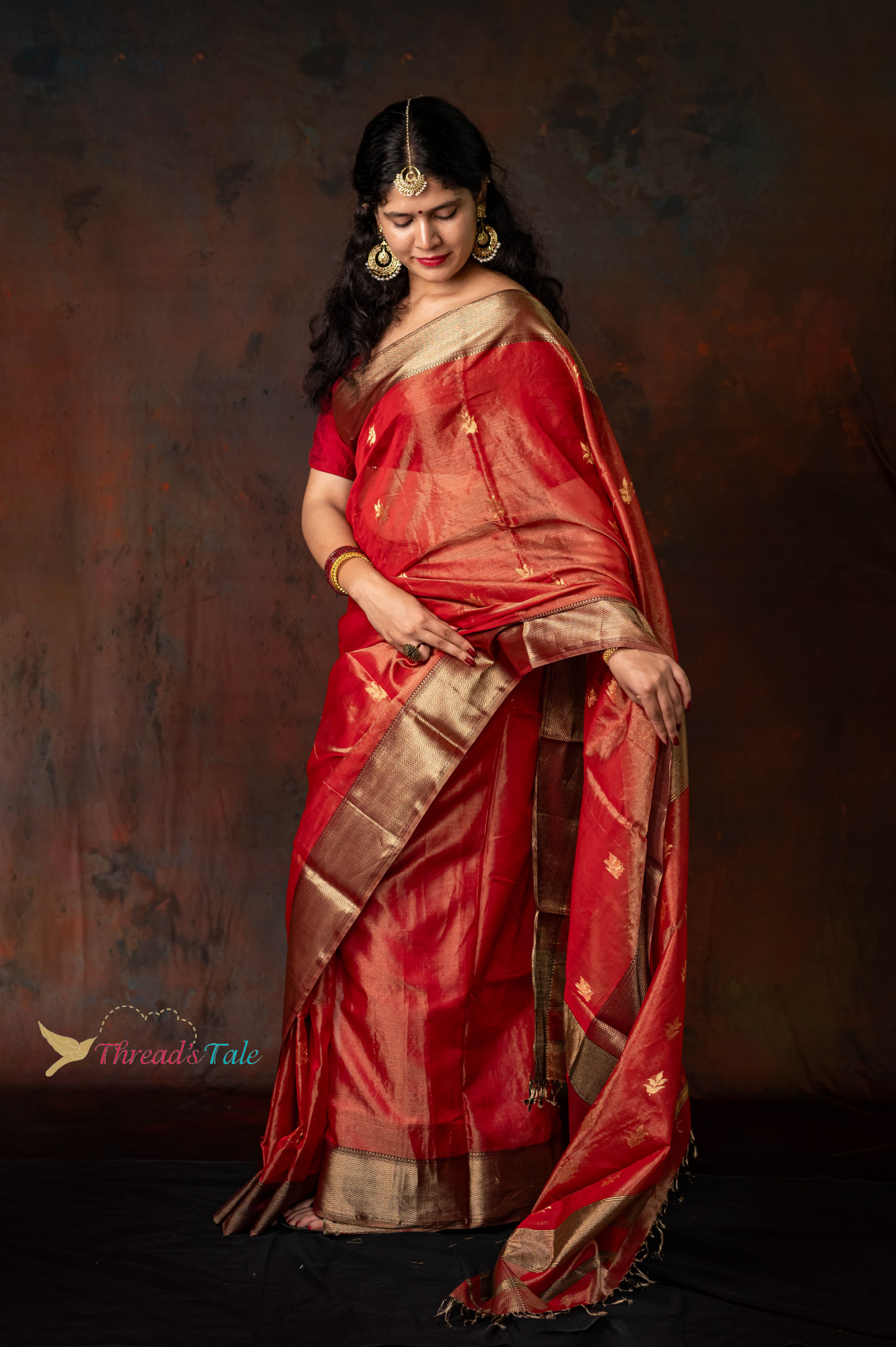Red GoldenTissue Saree With Golden Border And Butties