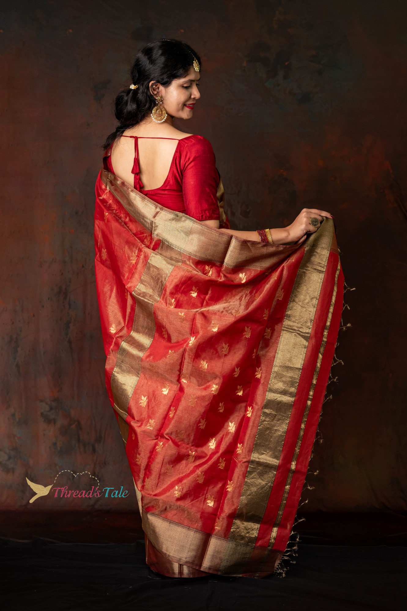 Red GoldenTissue Saree With Golden Border And Butties