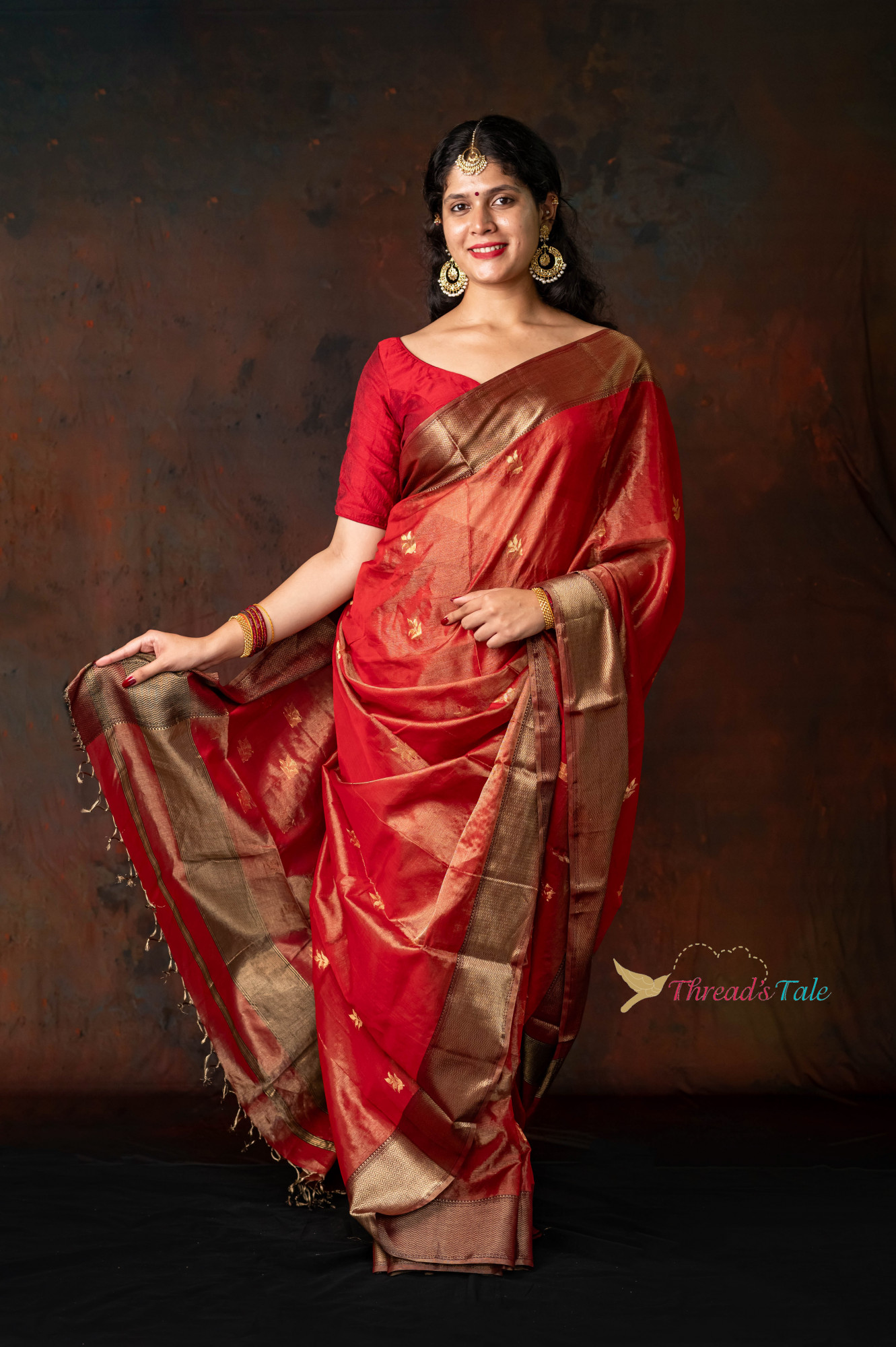 Red GoldenTissue Saree With Golden Border And Butties