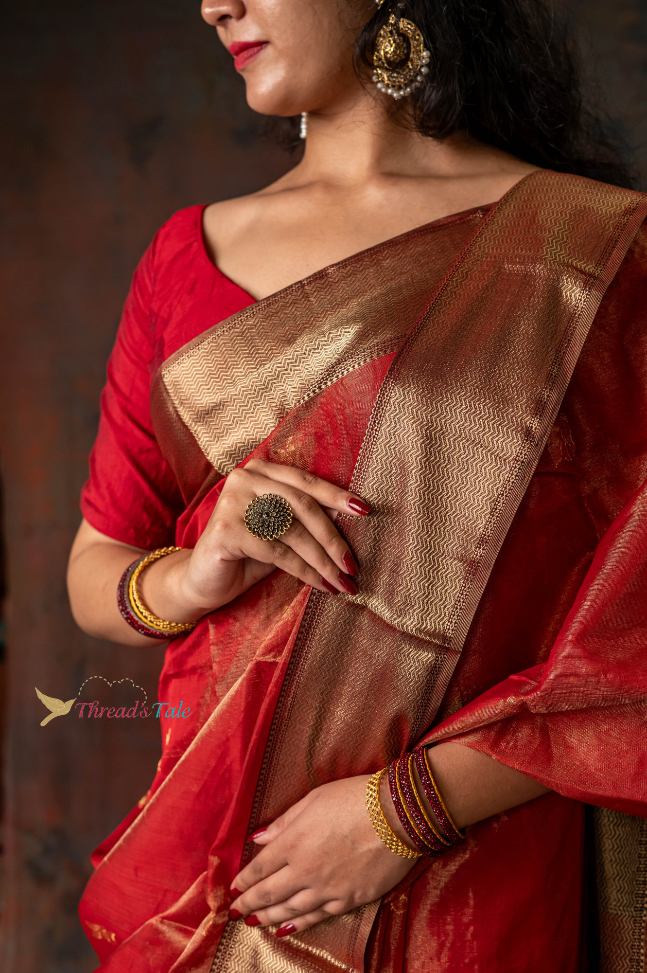Red GoldenTissue Saree With Golden Border And Butties