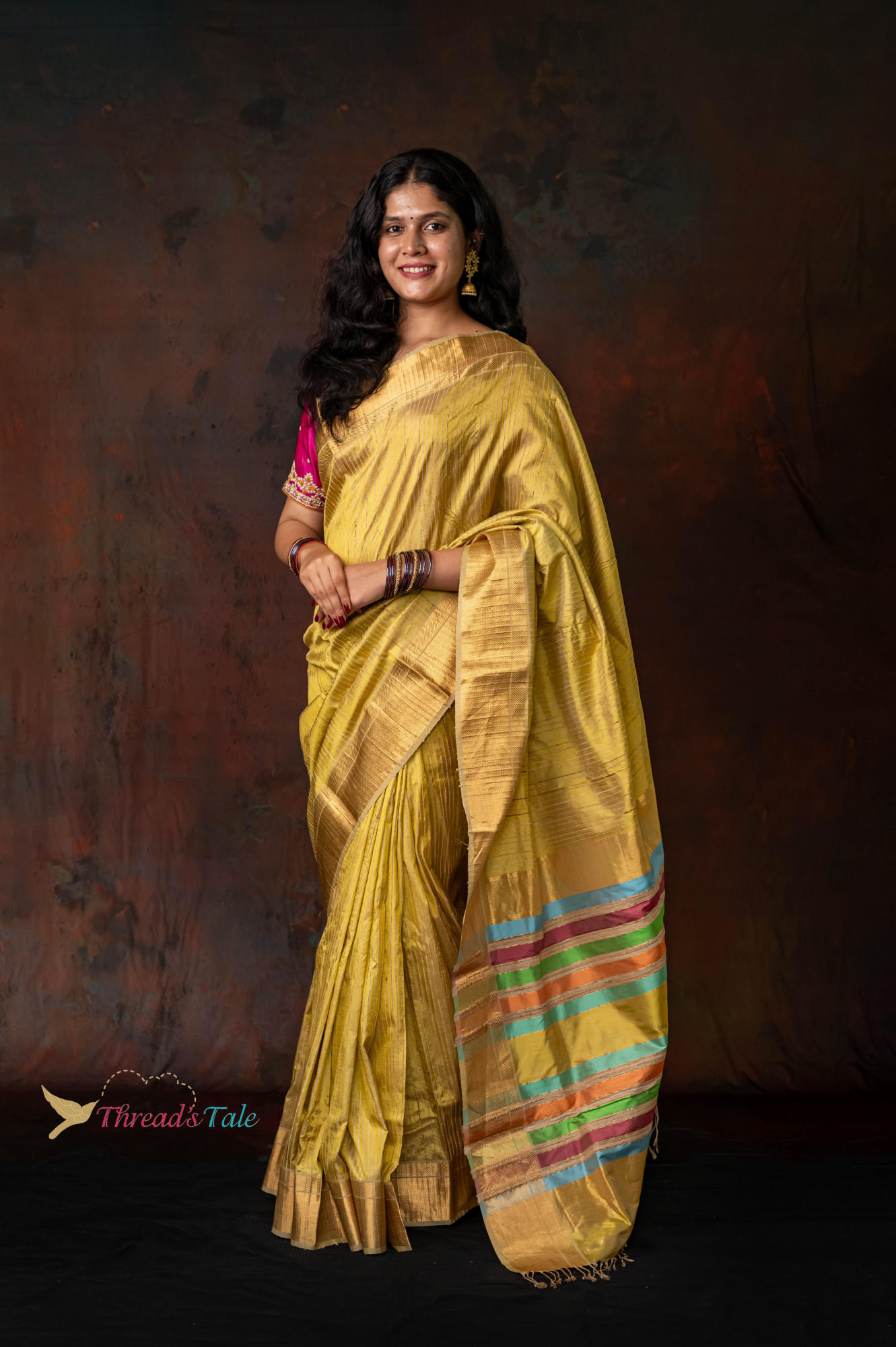 Golden Yellow Pure Silk Saree With Jute Stripes