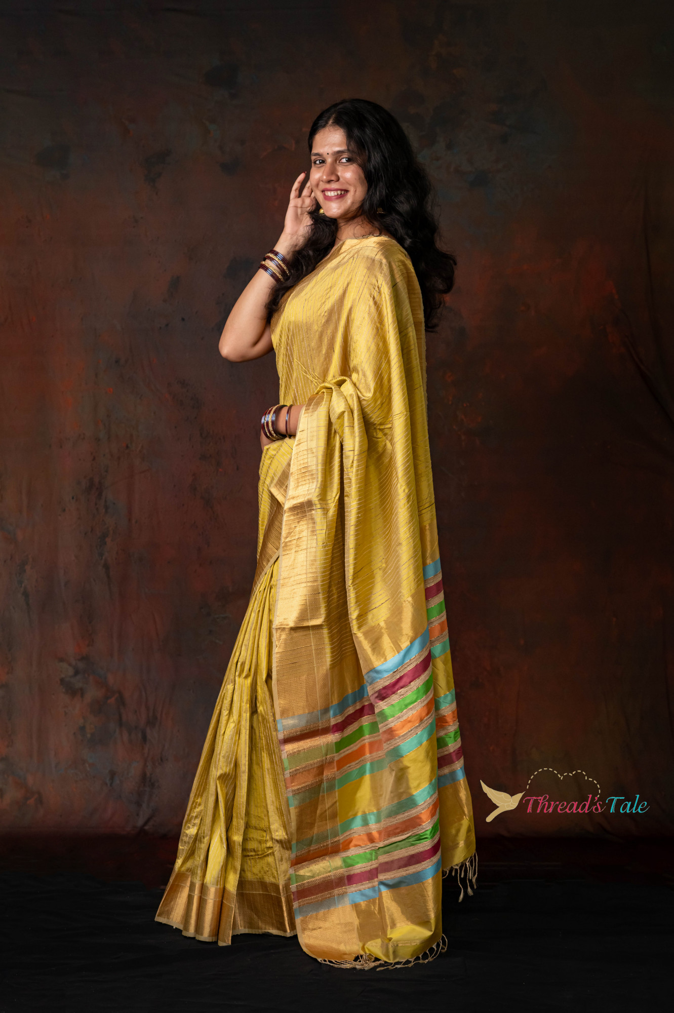 Golden Yellow Pure Silk Saree With Jute Stripes