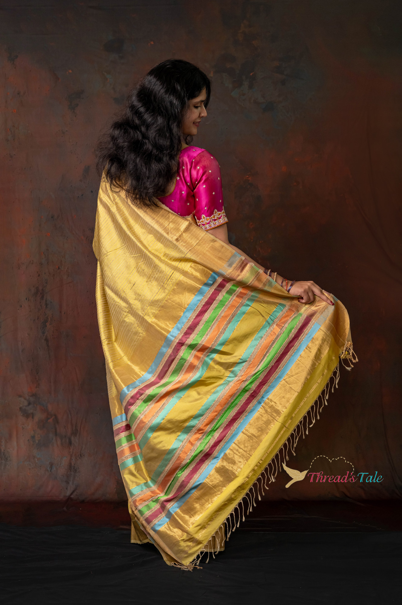 Golden Yellow Pure Silk Saree With Jute Stripes