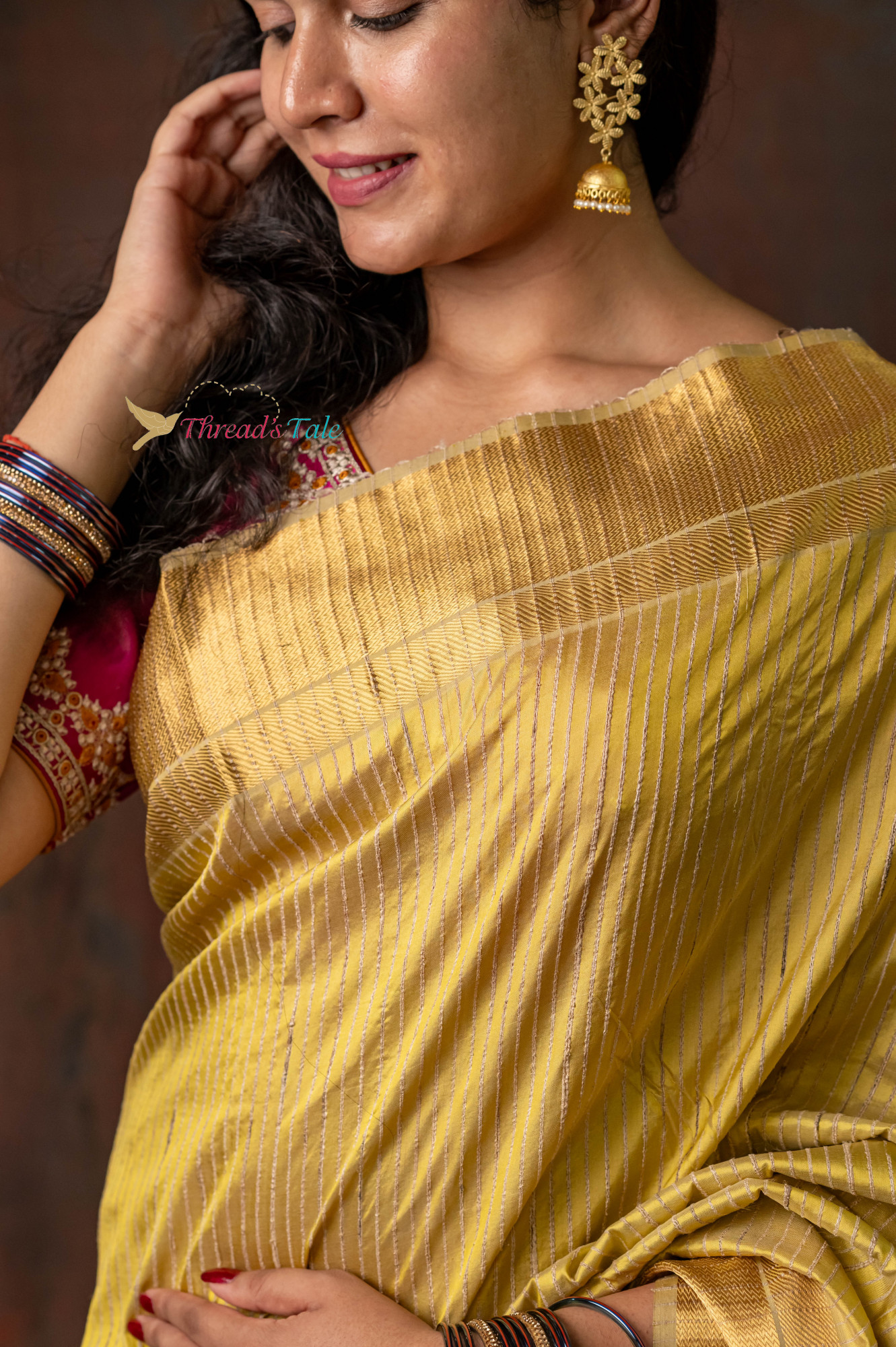 Golden Yellow Pure Silk Saree With Jute Stripes