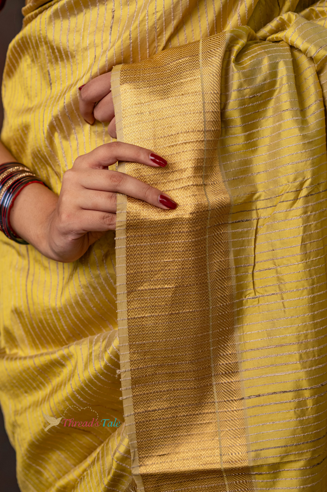 Golden Yellow Pure Silk Saree With Jute Stripes