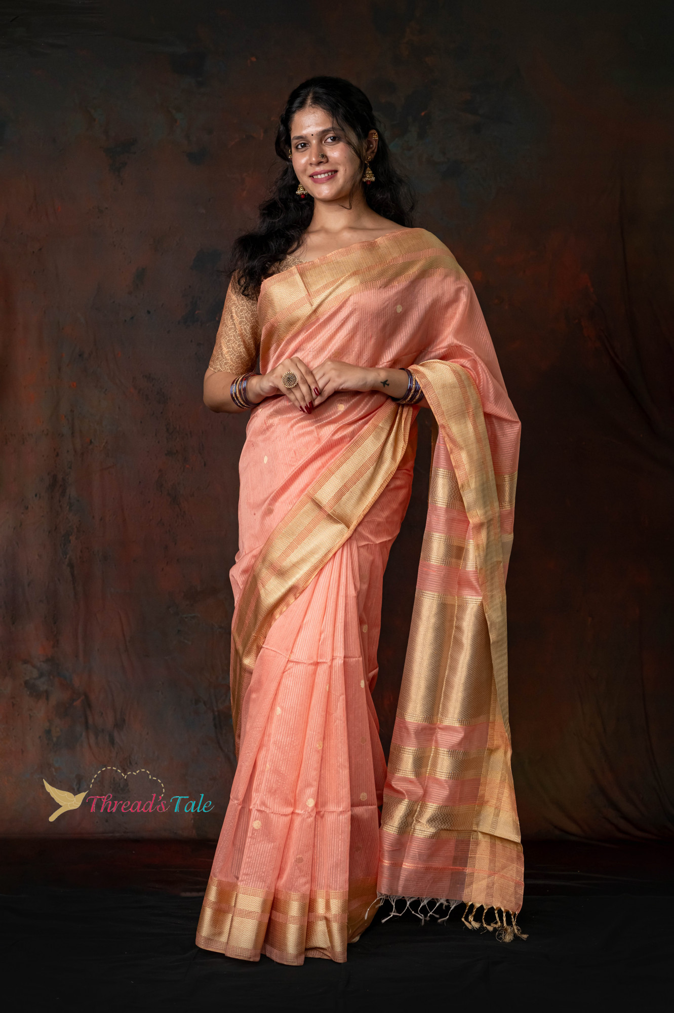 Peach Resham Textured Handwoven Saree