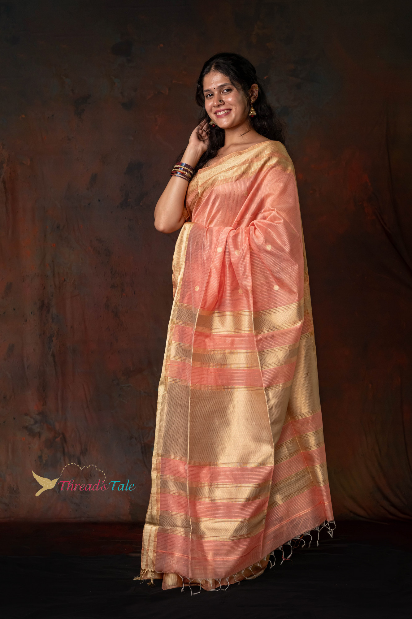 Peach Resham Textured Handwoven Saree