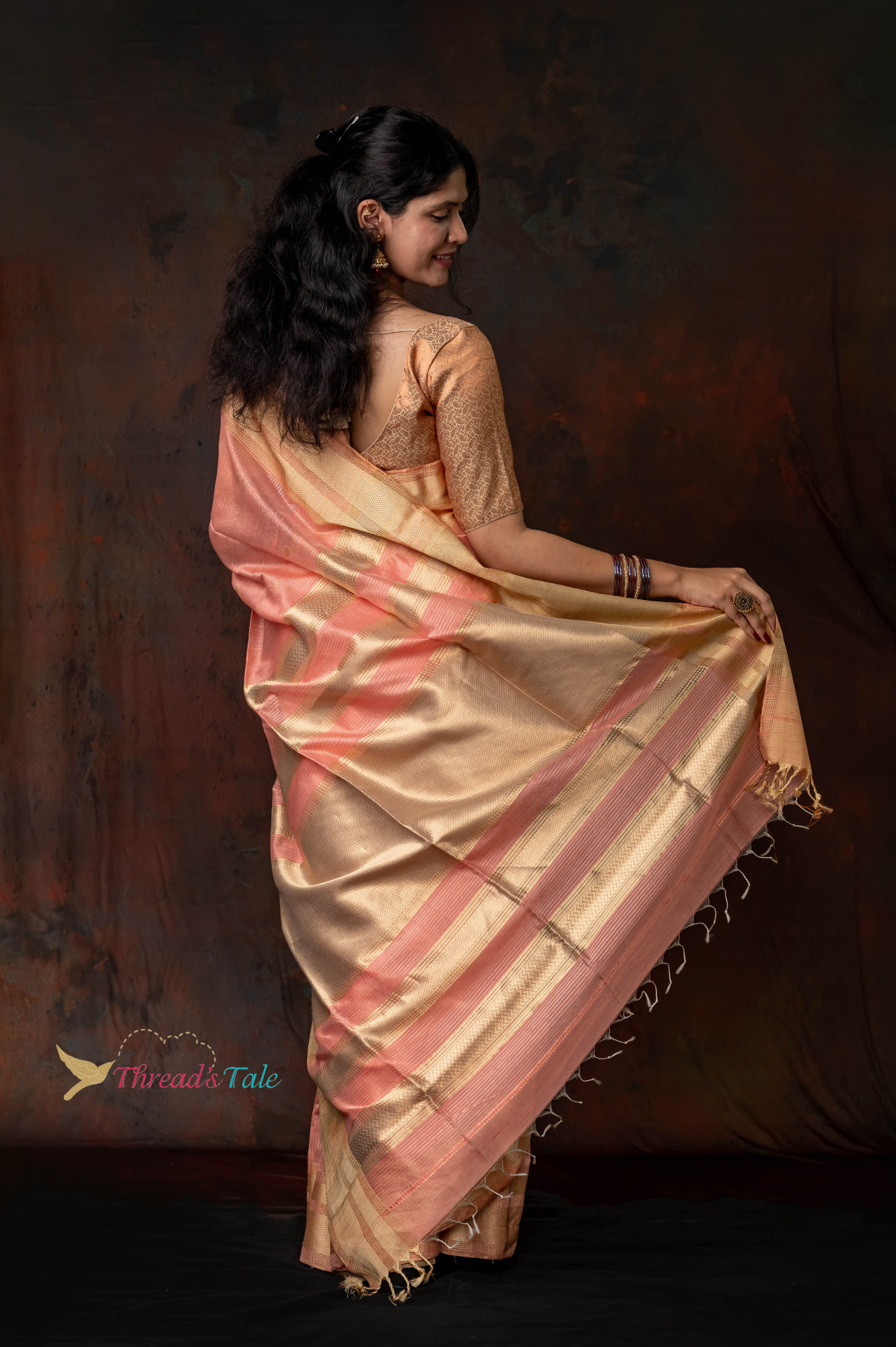 Peach Resham Textured Handwoven Saree