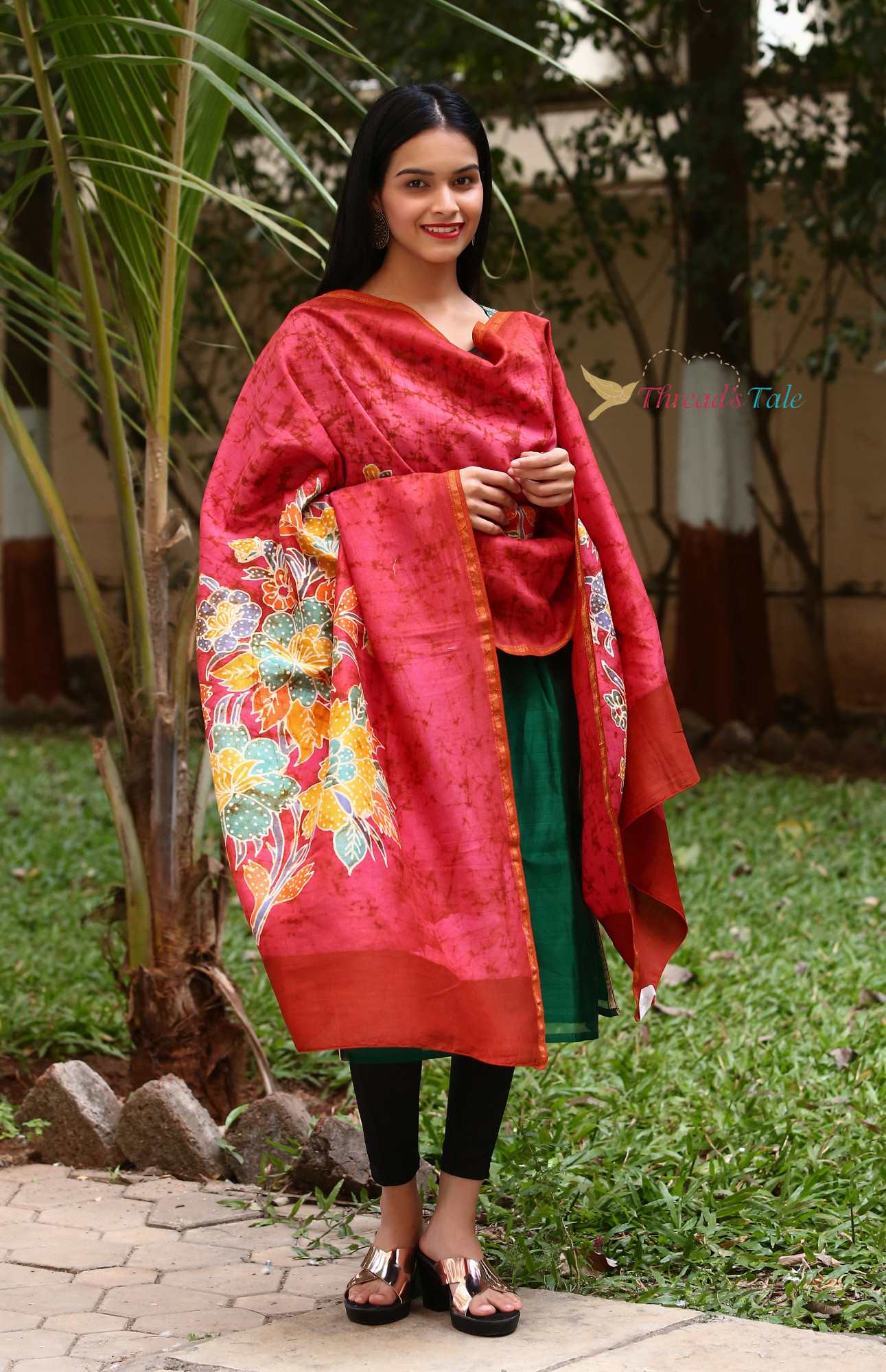 Watermelon Pink Hand Batik painted Maheshwari Silk Dupatta