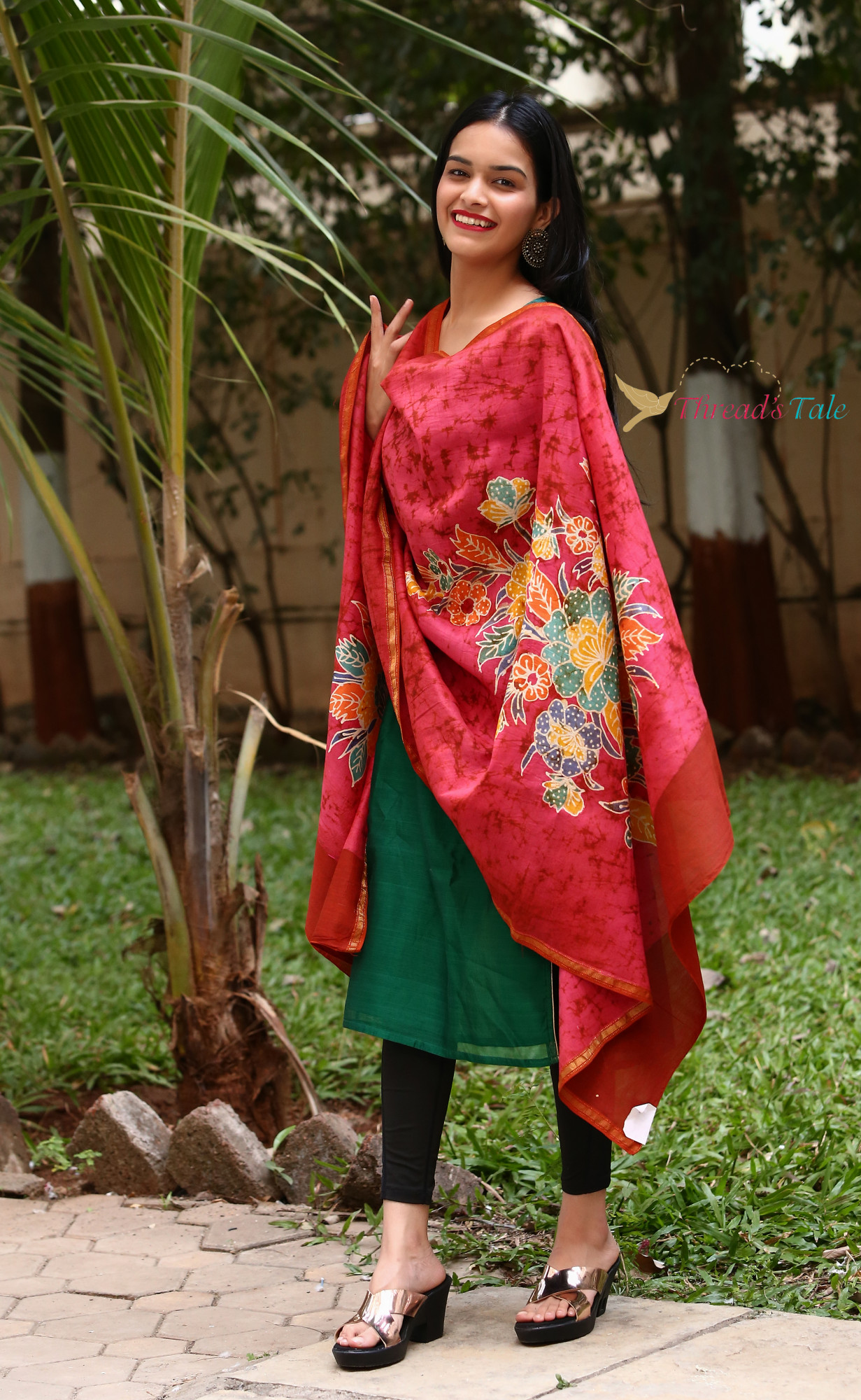 Watermelon Pink Hand Batik painted Maheshwari Silk Dupatta