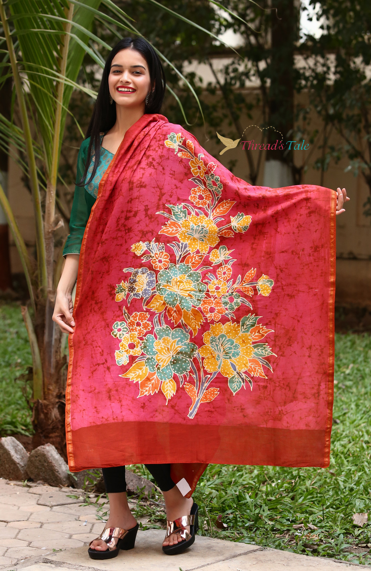 Watermelon Pink Hand Batik painted Maheshwari Silk Dupatta
