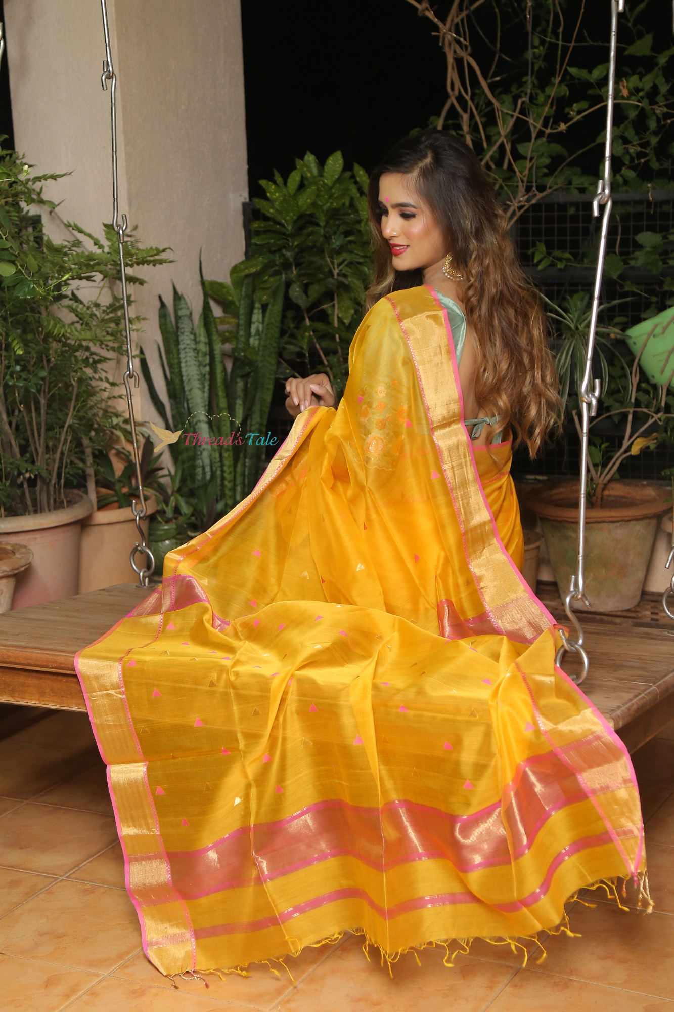 Bright Yellow Handwoven Maheshwari Silk Saree With Triangle Butti