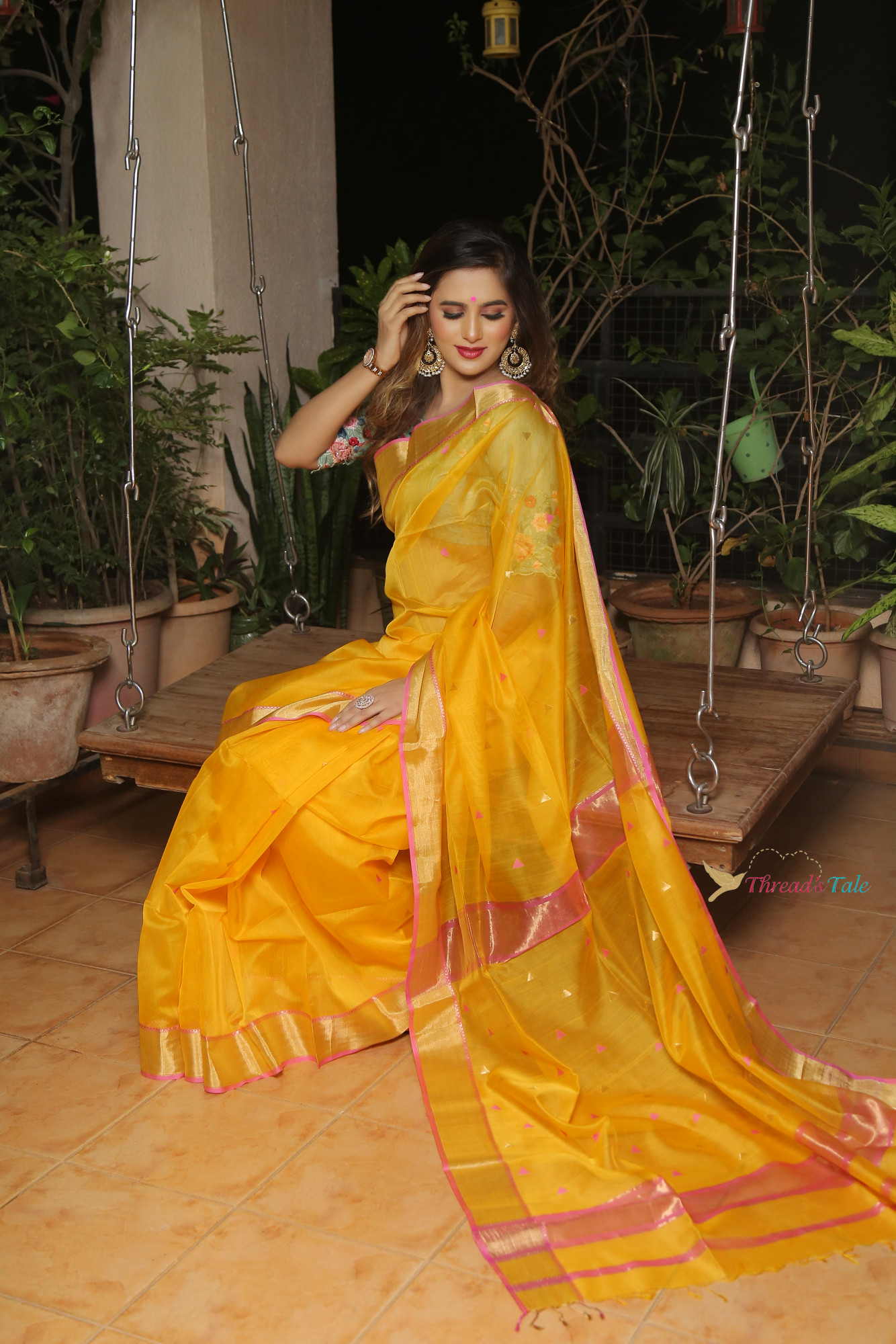 Bright Yellow Handwoven Maheshwari Silk Saree With Triangle Butti