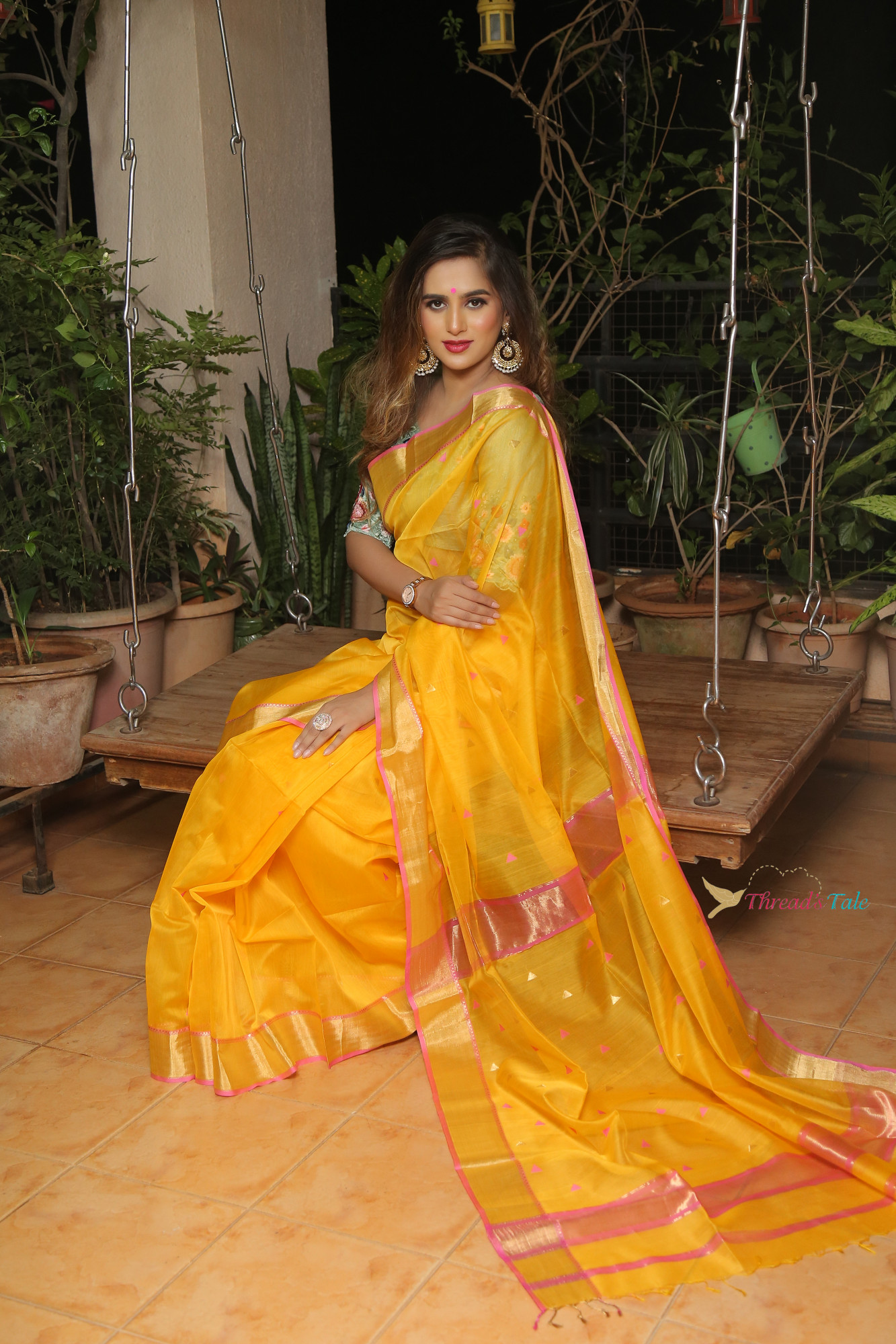 Bright Yellow Handwoven Maheshwari Silk Saree With Triangle Butti