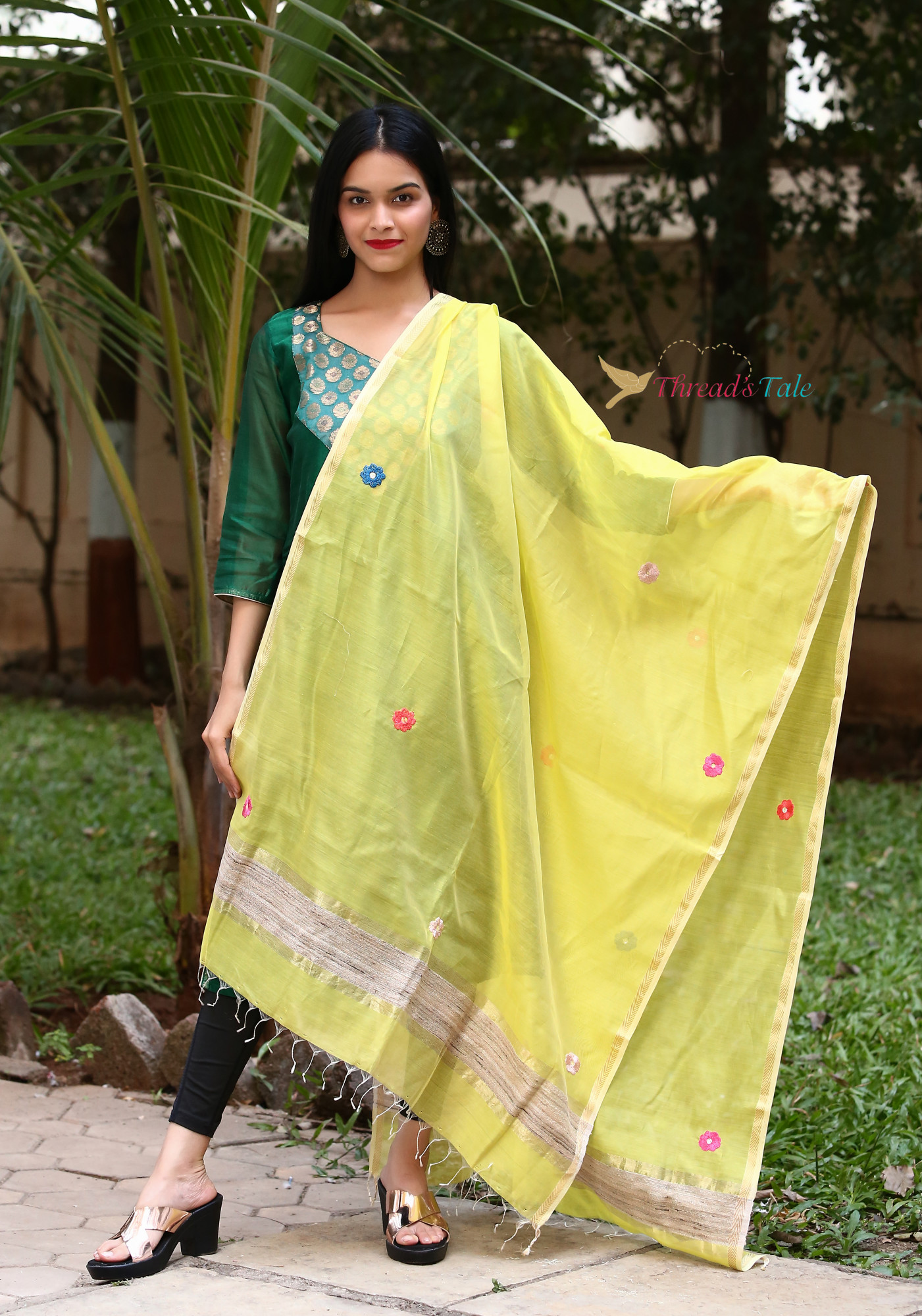 Sunshine Yellow Hand embroidered Handwoven Maheshwari Silk Dupatta
