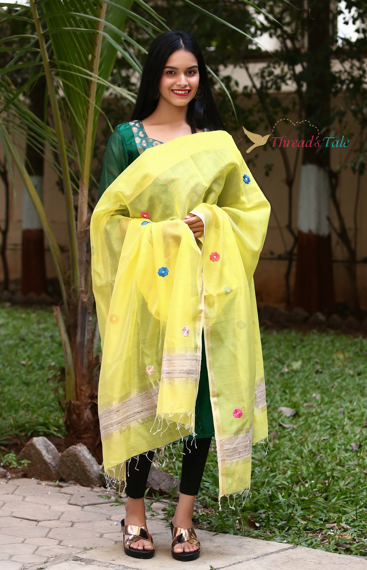 Sunshine Yellow Hand embroidered Handwoven Maheshwari Silk Dupatta