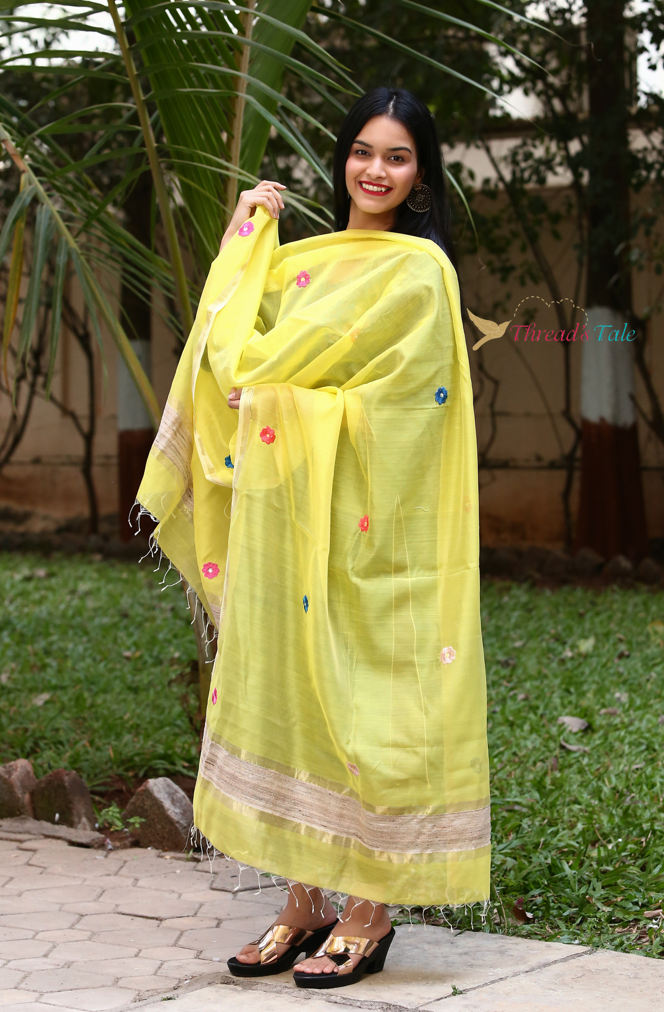 Sunshine Yellow Hand embroidered Handwoven Maheshwari Silk Dupatta