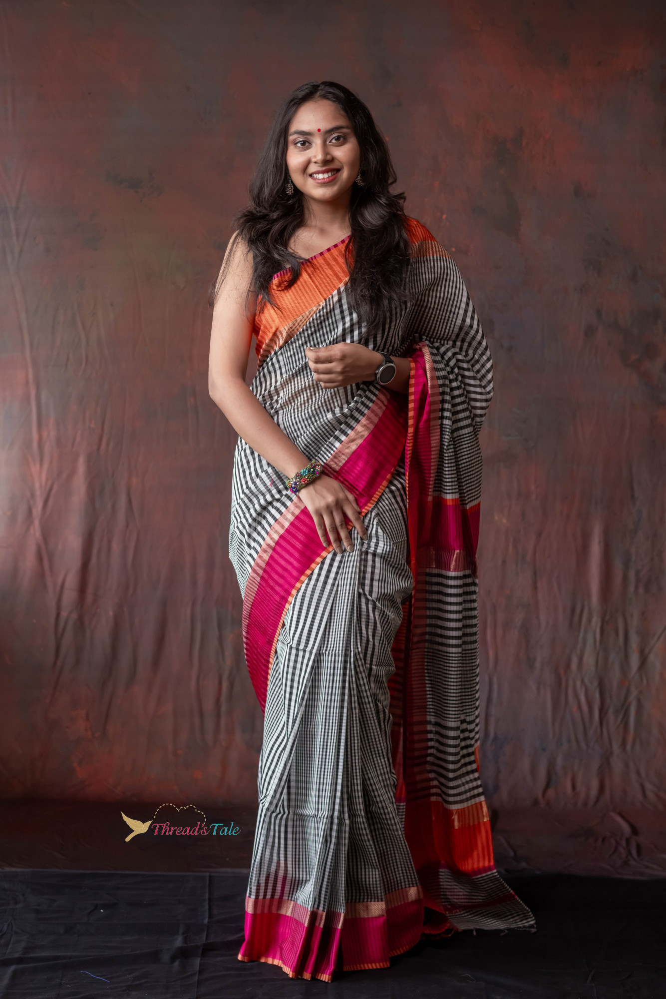 Black And White Checks Handwoven Saree With Contrast Border