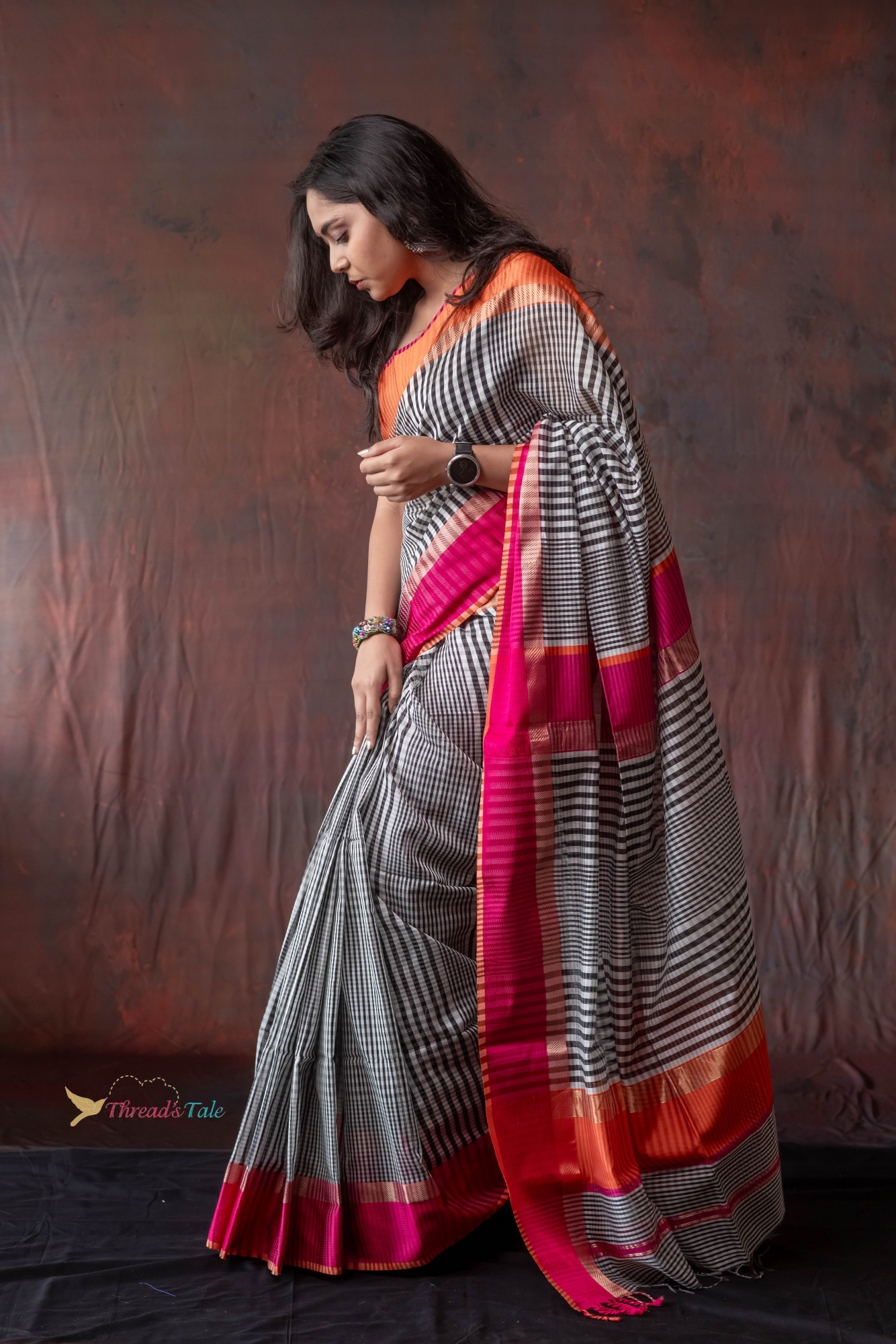 Black And White Checks Handwoven Saree With Contrast Border