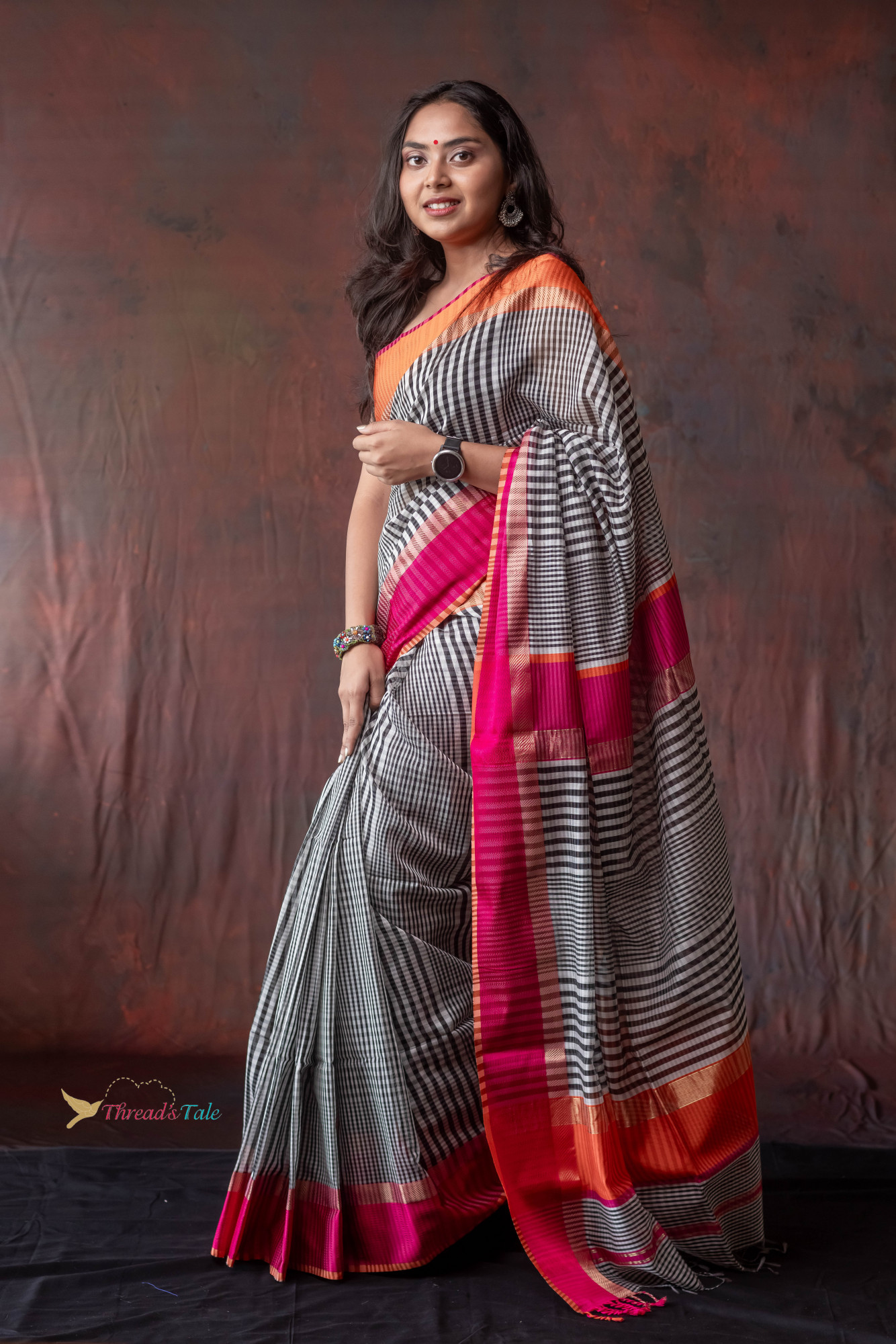 Black And White Checks Handwoven Saree With Contrast Border