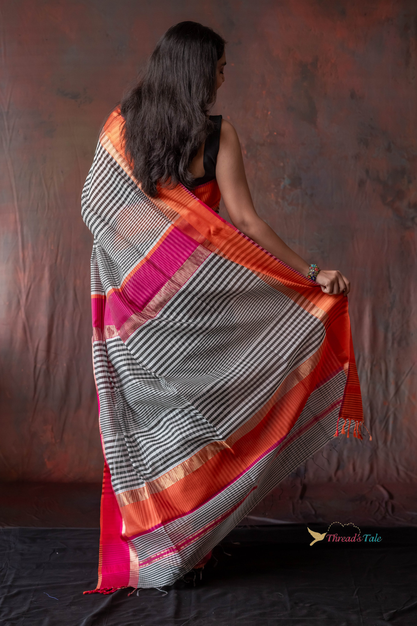 Black And White Checks Handwoven Saree With Contrast Border