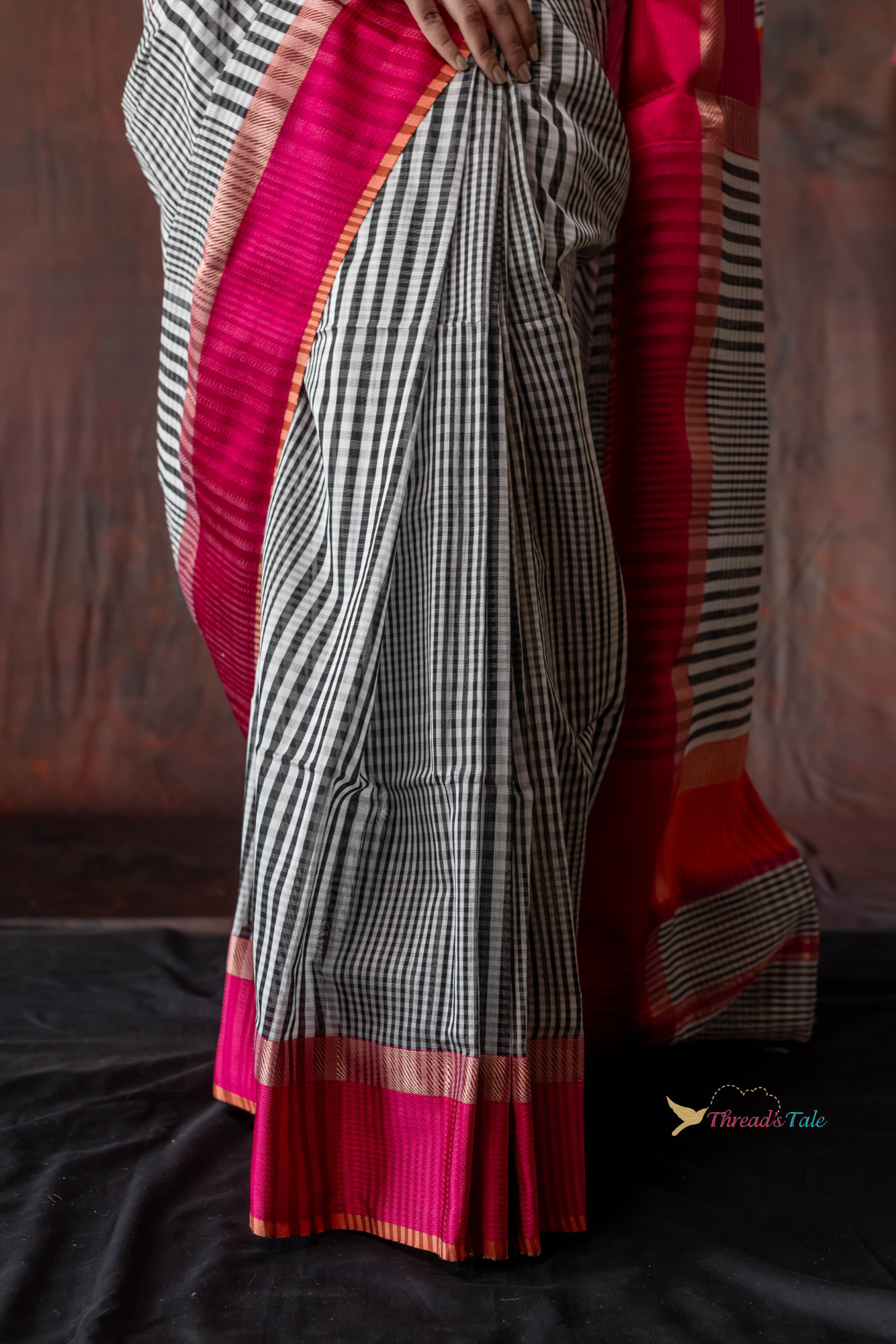 Black And White Checks Handwoven Saree With Contrast Border