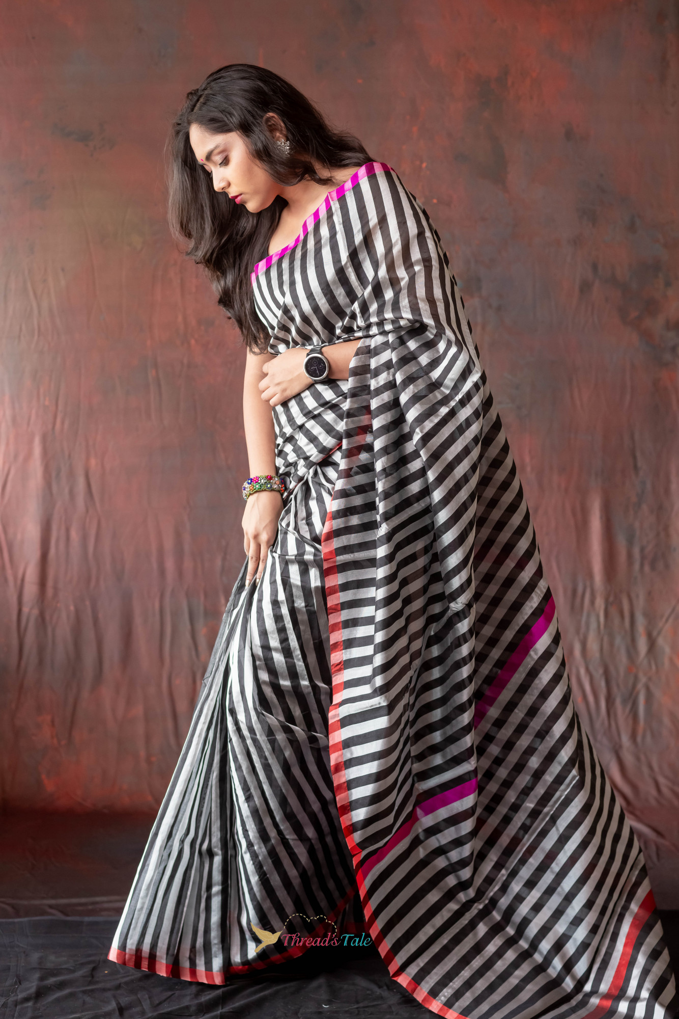 Black And Silver Stripes Handwoven Chanderi Pure Silk Saree