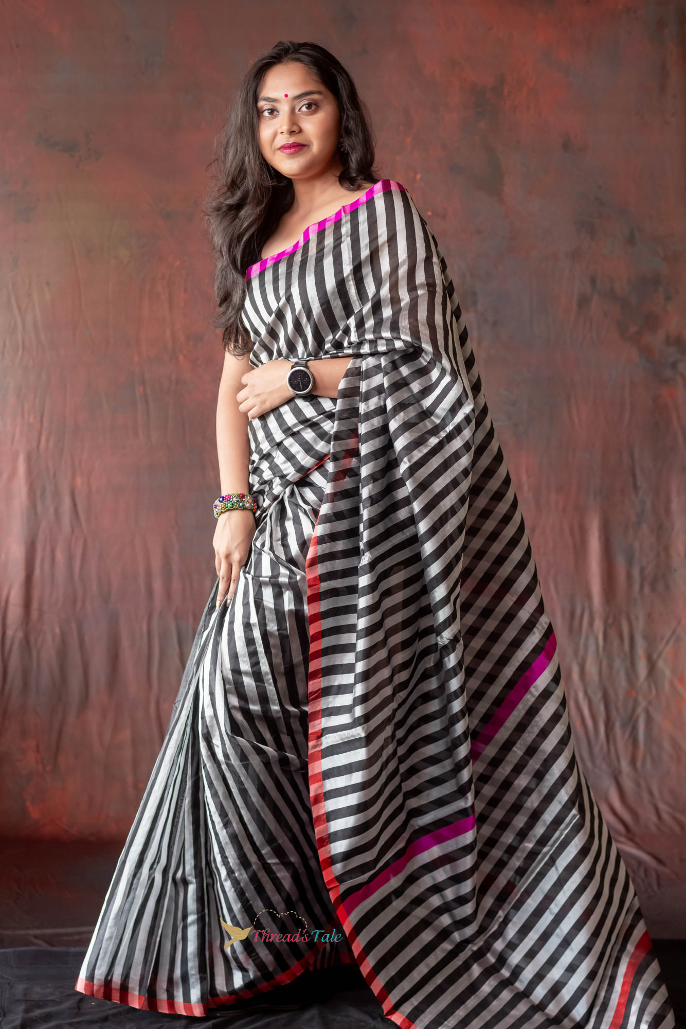 Black And Silver Stripes Handwoven Chanderi Pure Silk Saree