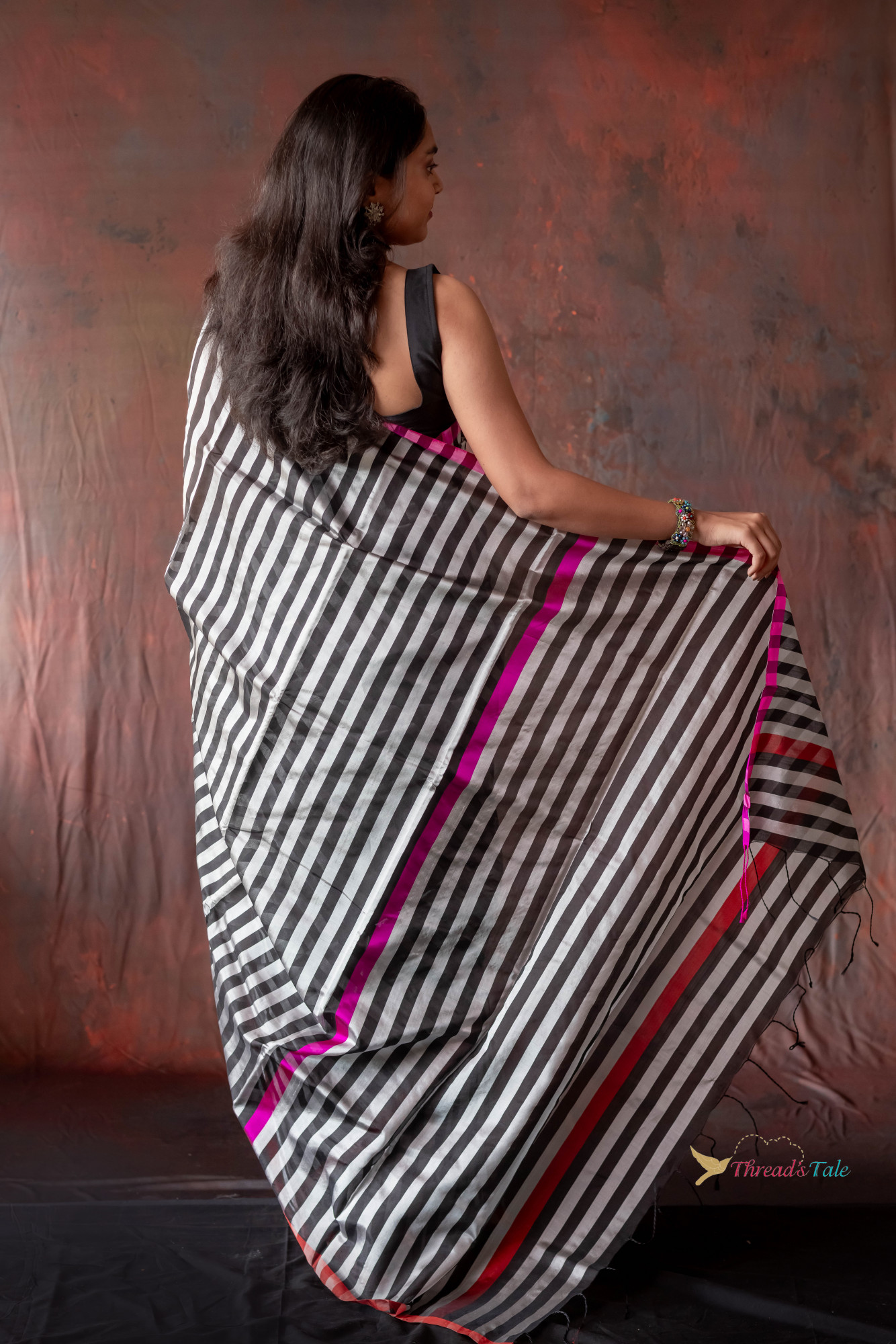 Black And Silver Stripes Handwoven Chanderi Pure Silk Saree