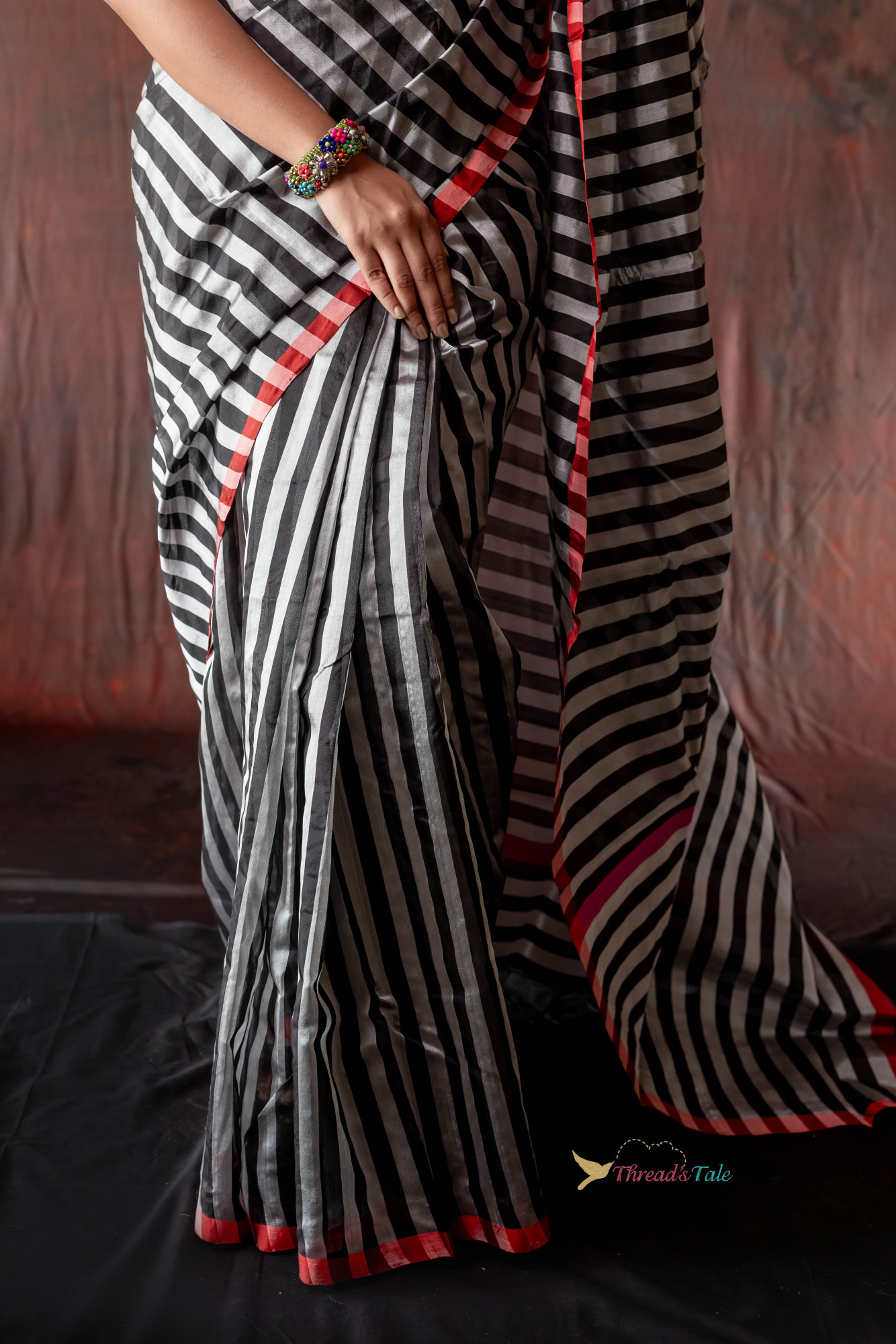 Black And Silver Stripes Handwoven Chanderi Pure Silk Saree