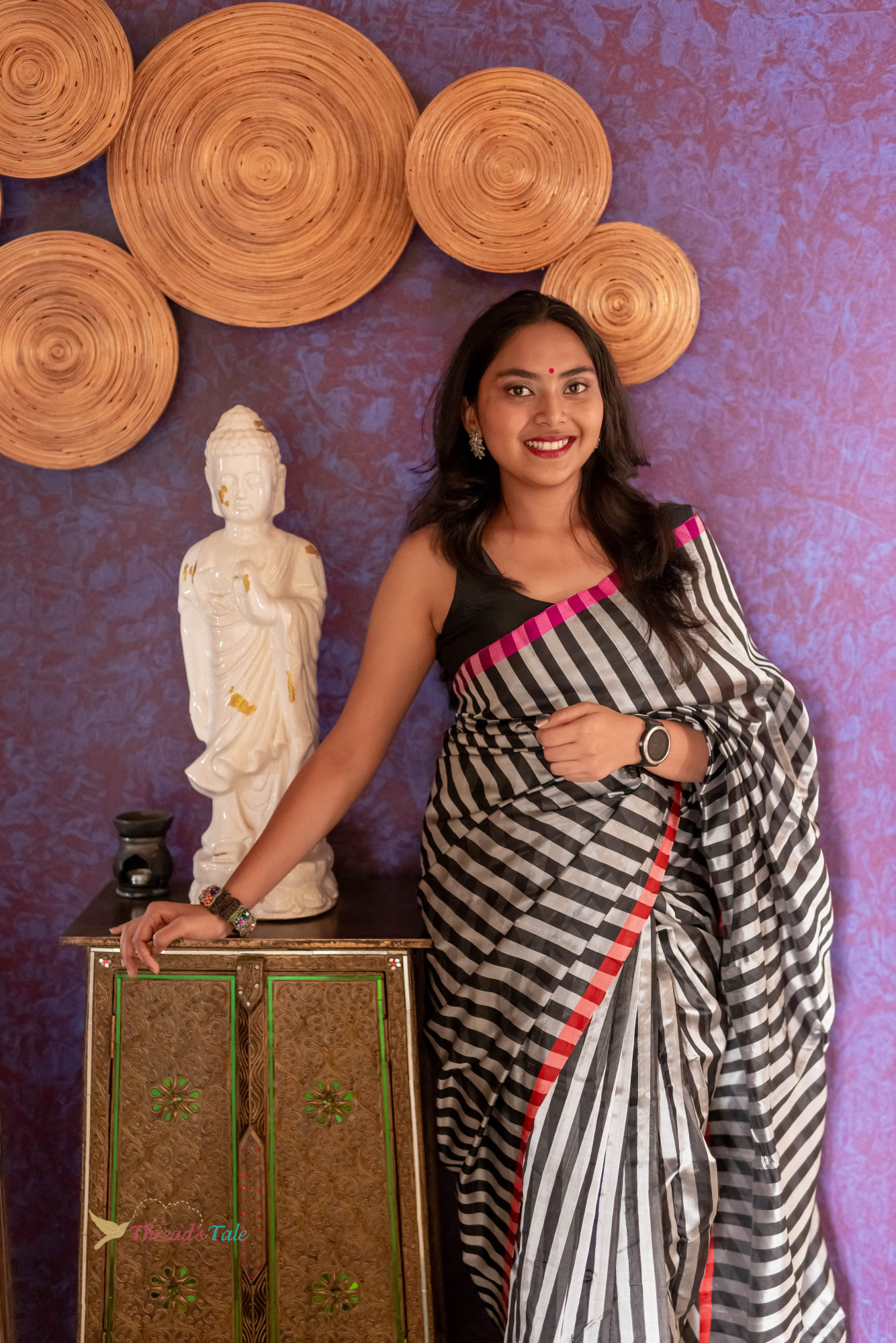 Black And Silver Stripes Handwoven Chanderi Pure Silk Saree