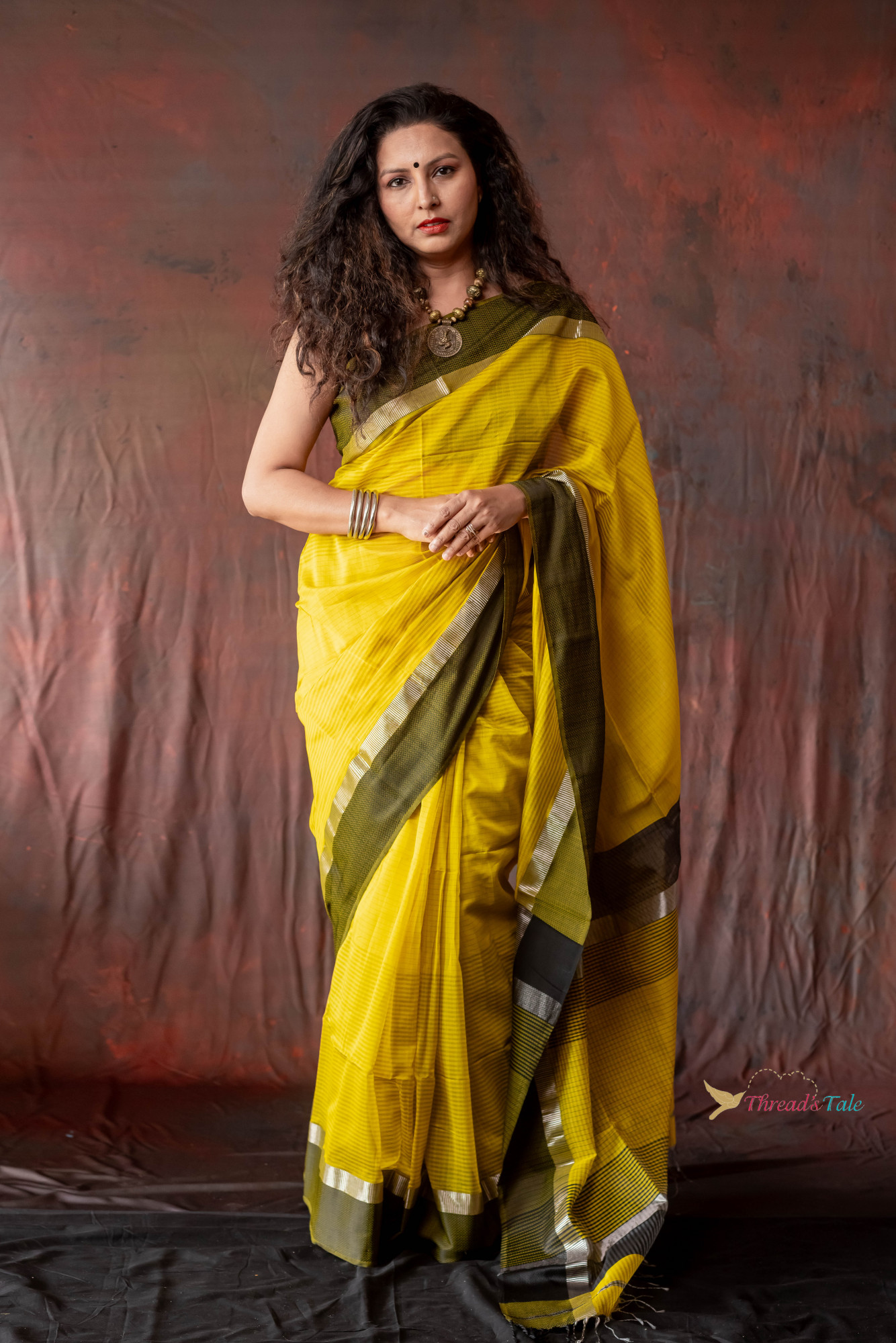 Yellow Black Handwoven Maheshwari Silk Saree