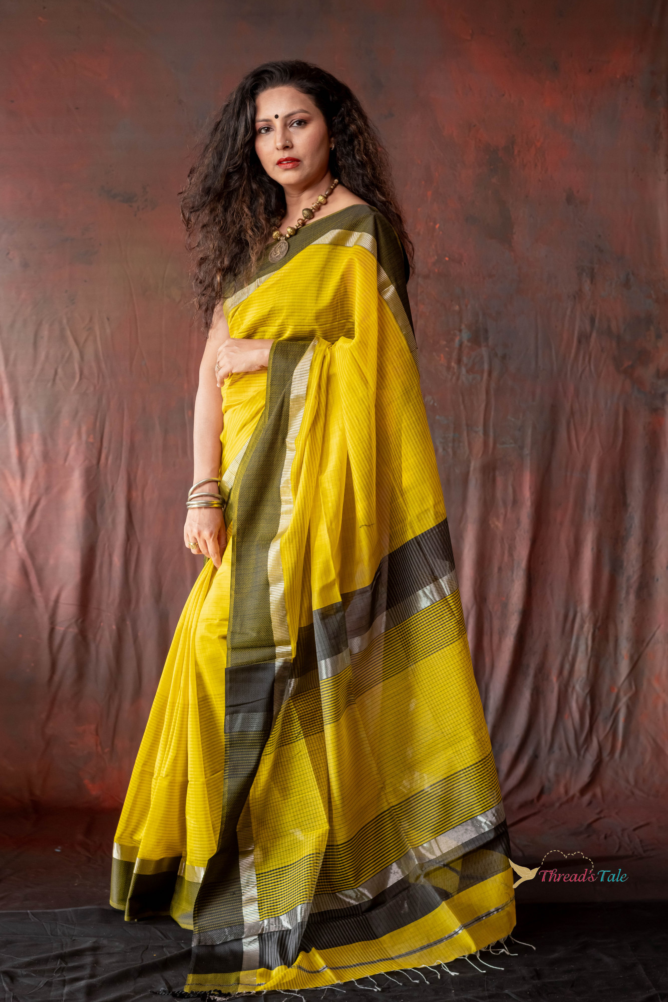 Yellow Black Handwoven Maheshwari Silk Saree