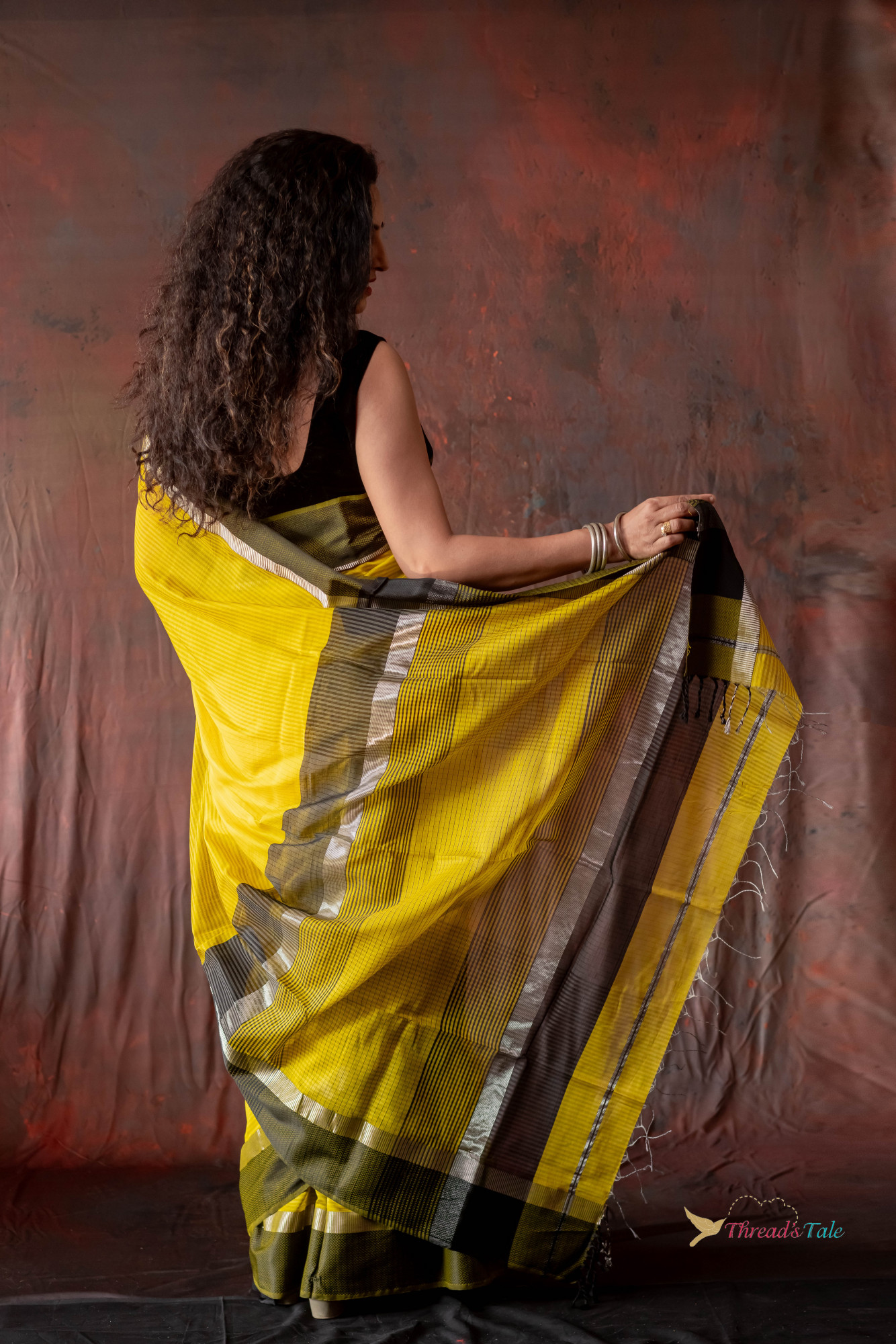 Yellow Black Handwoven Pure Maheshwari Silk Saree