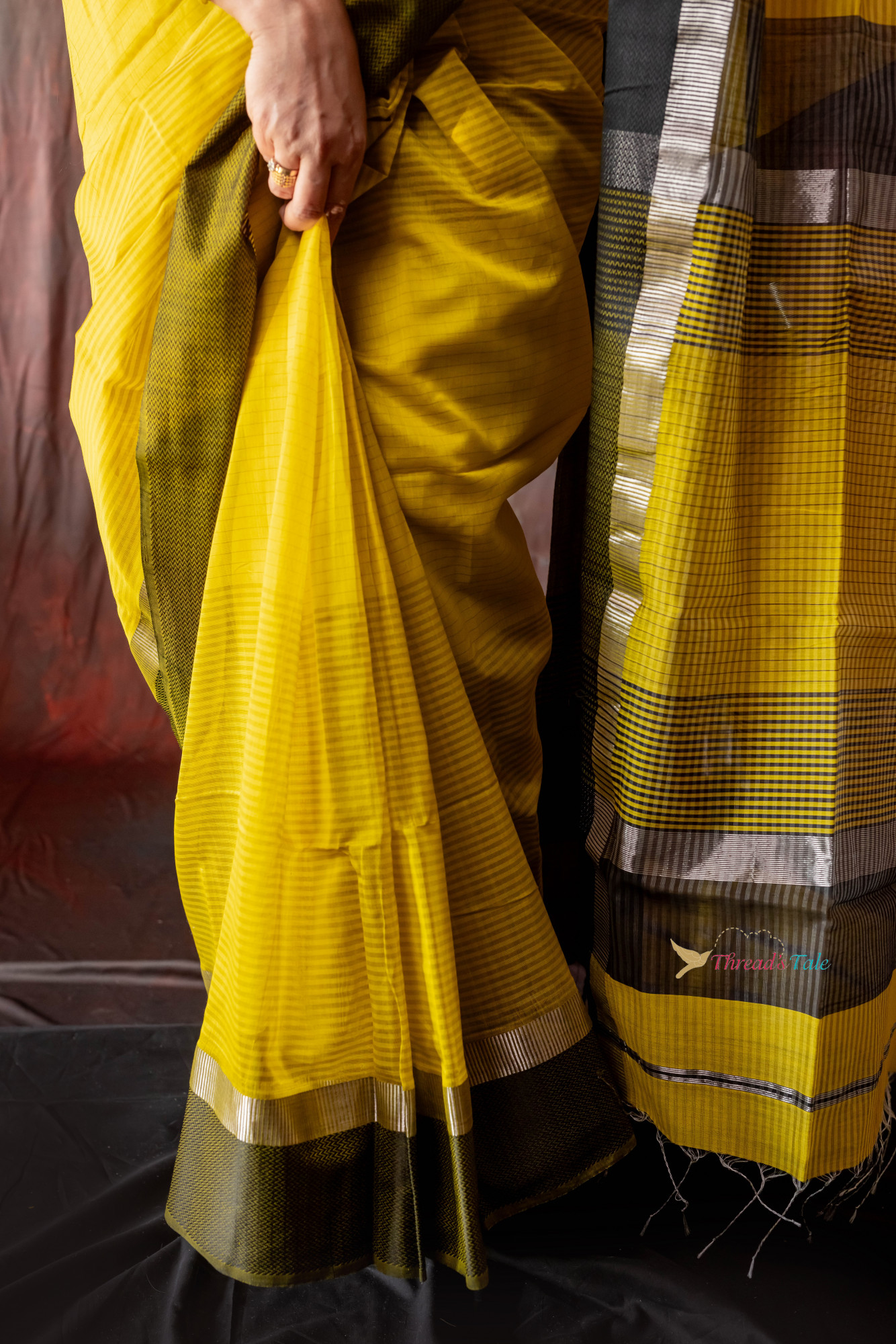 Yellow Black Handwoven Pure Maheshwari Silk Saree