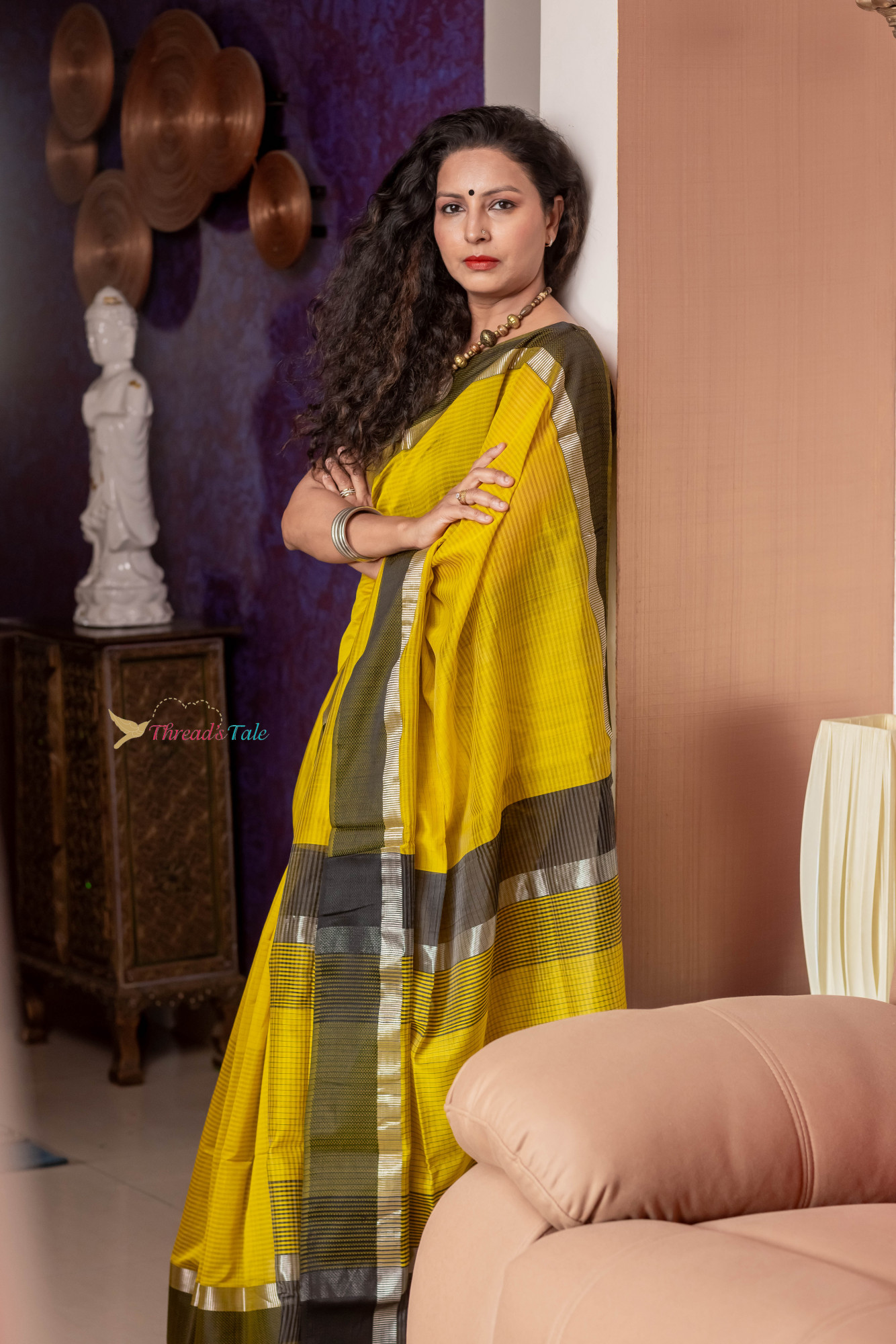 Yellow Black Handwoven Pure Maheshwari Silk Saree