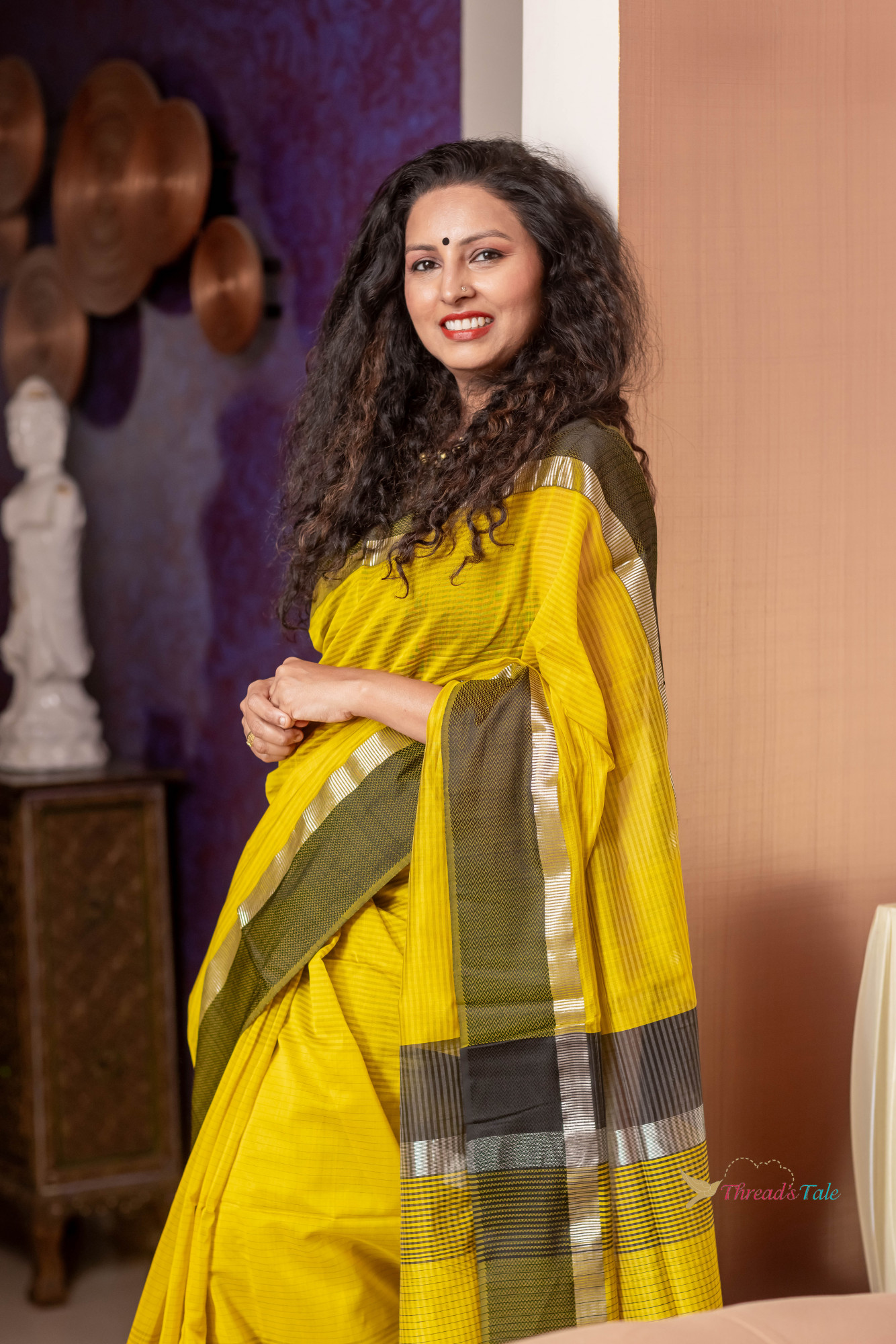 Yellow Black Handwoven Pure Maheshwari Silk Saree
