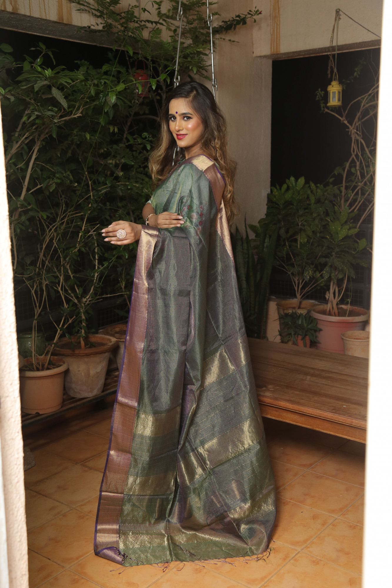 Electric Blue Tissue Checks Saree