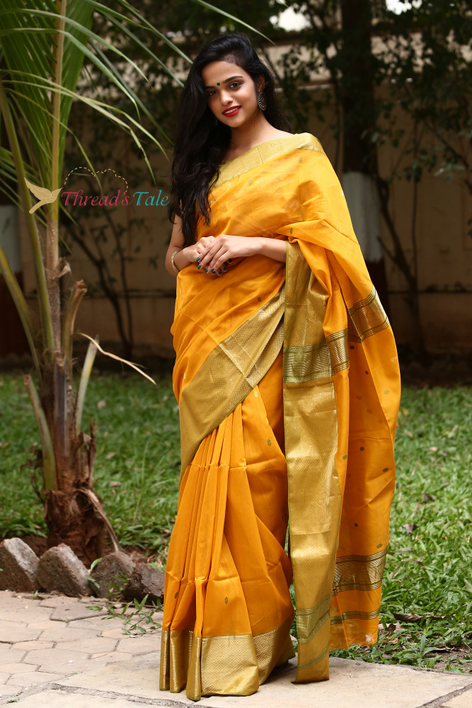 Image of Mustard Yellow Handwoven Silk Saree With Broad Saree